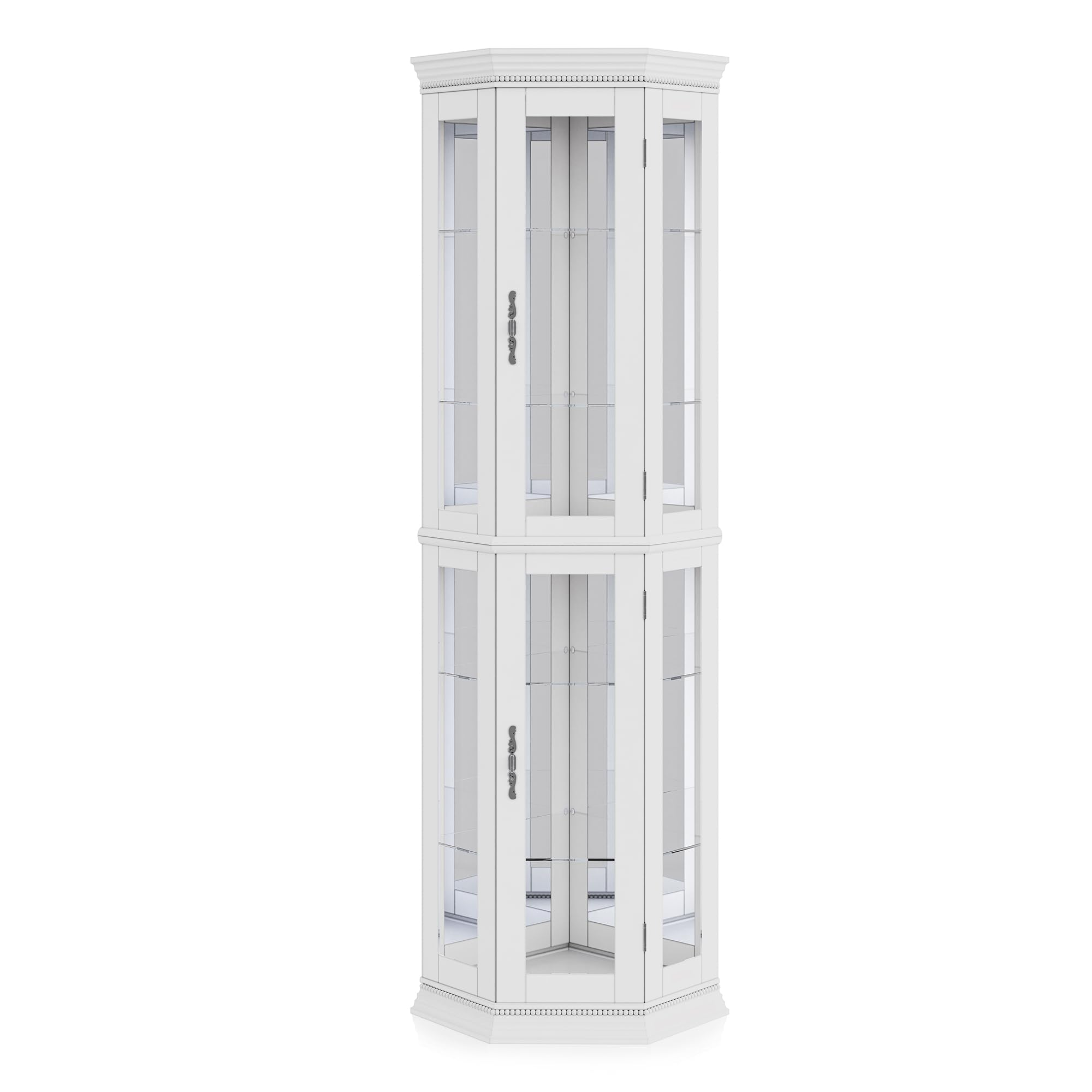 BELLEZE Lighted 3-Side Glass Display Curio Cabinet with Tempered Glass Doors & Shelves, Wooden Corner Display Cabinet with LED Bulbs - Perfect for Living Room, Bedroom, Office Decor & Collectibles Showcase (White)
