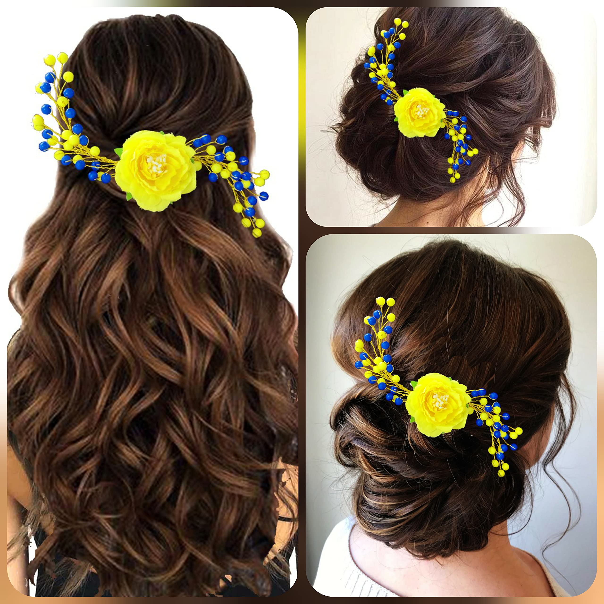 Artificial Rose Flower Hair Pins for Women - Yellow Wedding Hair Accessories, Bridal Hair Clips, Juda Pins for Girls | Perfect for Weddings, Prom, Parties & Special Occasions
