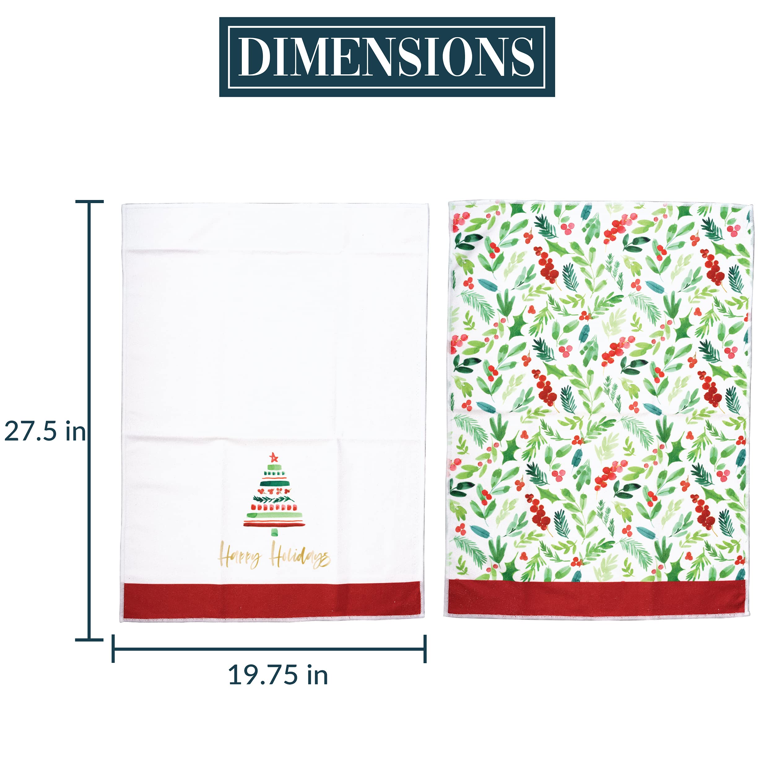 Set of 2 Christmas Holiday Tea Towels 27.5x19.75 Inch - Festive Winter Kitchen & Bathroom Towels for Decor, Gift & Holiday Cleaning - Perfect for Christmas Decorations, Hostess Gifts & Seasonal Home Use