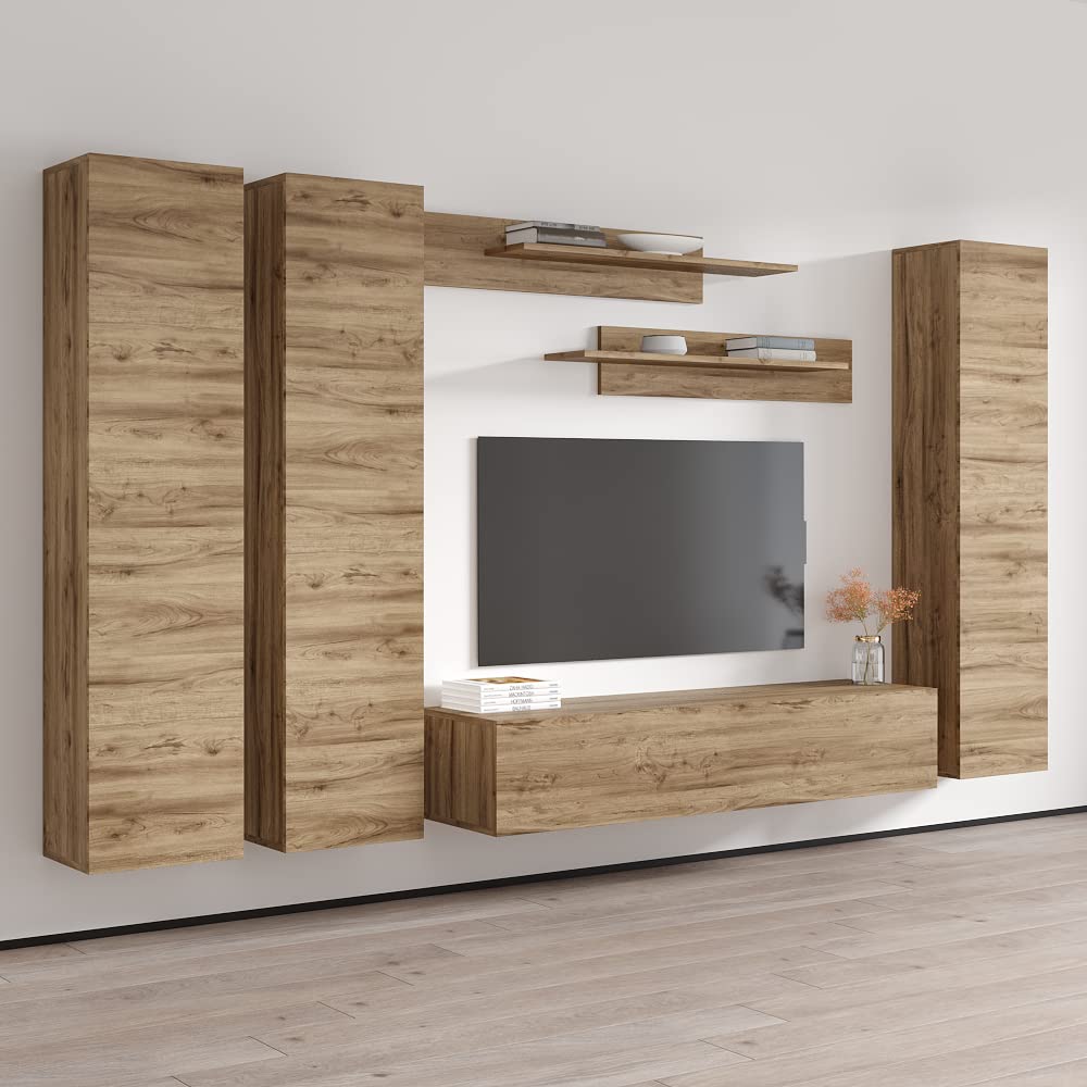Modern Oak Wall-Mounted TV Stand with Storage Shelves & LED Lights - Floating Entertainment Center Console for Bedroom & Living Room - Perfect for Small Spaces & Home Theater Setup - Meble Furniture Fly CD1 30TV Stand