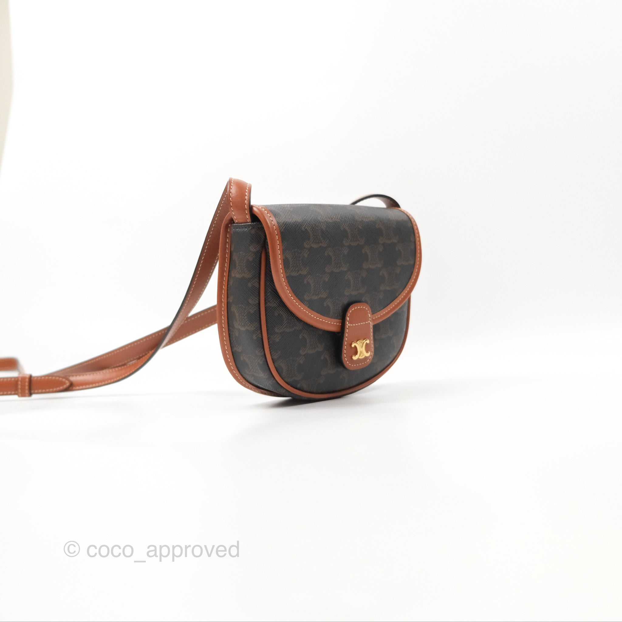 Celine Mini Besace Triomphe Bag in Canvas and Calfskin Leather - Tan Crossbody Purse for Women | Perfect for Everyday Use, Work, and Travel