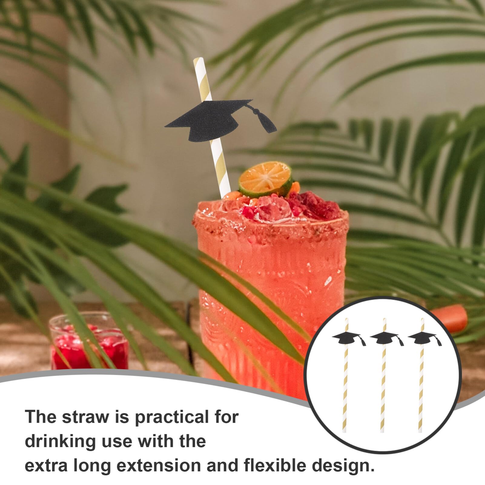 BESTOYARD Graduation Cap Paper Straws - Pack of 12 Black Striped Decorative Drinking Straws for 2023 Graduation Parties, Commencement Celebrations & School Events