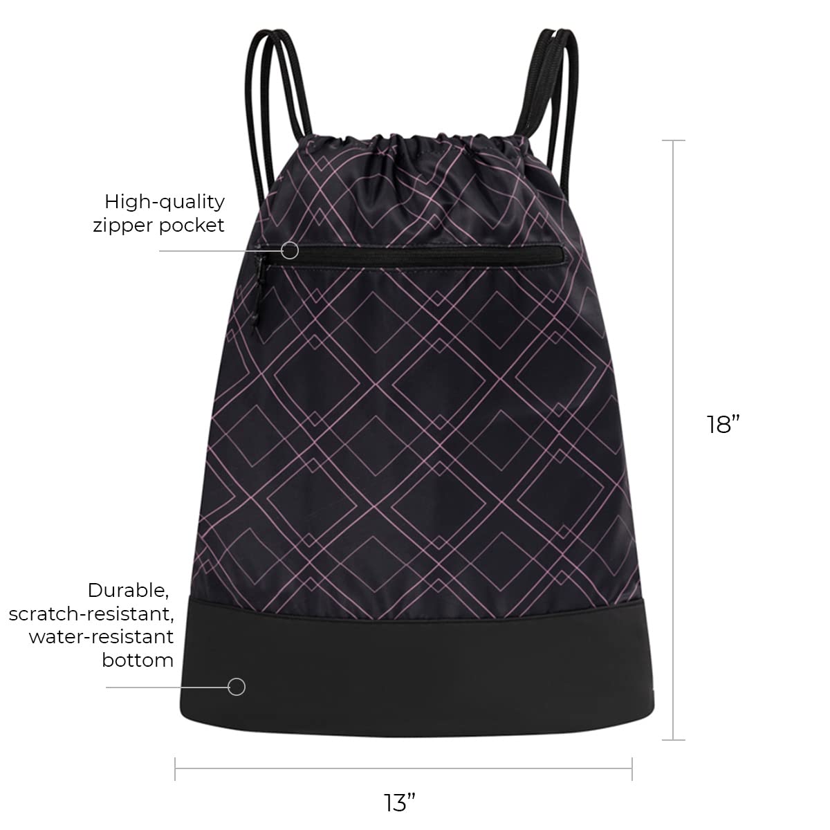 Stylish Drawstring Gym Bag for Women - Durable Lightweight Sports Backpack with Trendy Graphic Designs | Perfect for Gym, Yoga, Running & Travel | Black & Rose Geometric Pattern