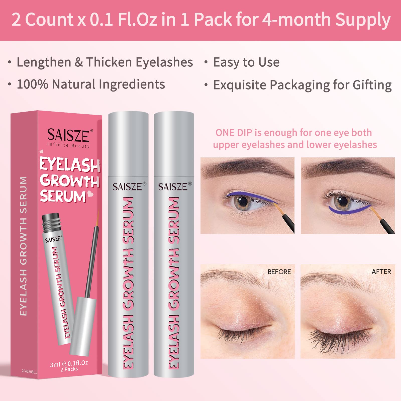 **Premium Eyelash Growth Serum - 2 Pack (0.1 Fl Oz Each) - Natural Biotin Formula for Longer, Fuller & Thicker Lashes - Lash Enhancer & Extension Booster - Perfect for Daily Use & Special Occasions**