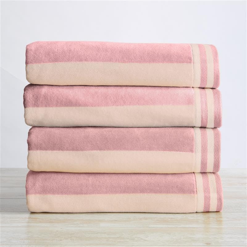 Large Beach Towel Set of 4 - 100% Cotton Soft Striped Cabana & Velour Pool Towels for Adults - Quick Dry Lightweight Beach Towels for Women & Men - Perfect for Pool, Beach, Vacation, Yoga & Outdoor Activities