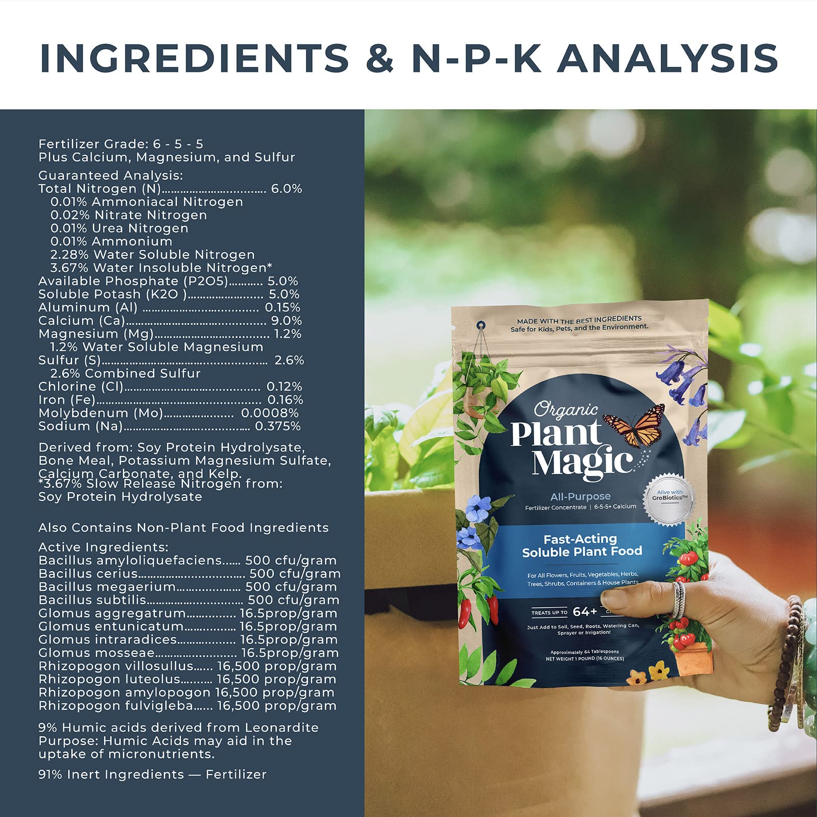 Organic Plant Magic - Truly Organic™ Fast-Acting Soluble Plant Food: All-Purpose Fertilizer Concentrate for Flowers, Vegetables, Herbs, Fruits, Trees & Shrubs - Ideal for Container Gardens, Houseplants & Indoor/Outdoor Use [Two 1 lb Bags] - Perfect for Boosting Growth in Home Gardens, Greenhouses & Urban Farming