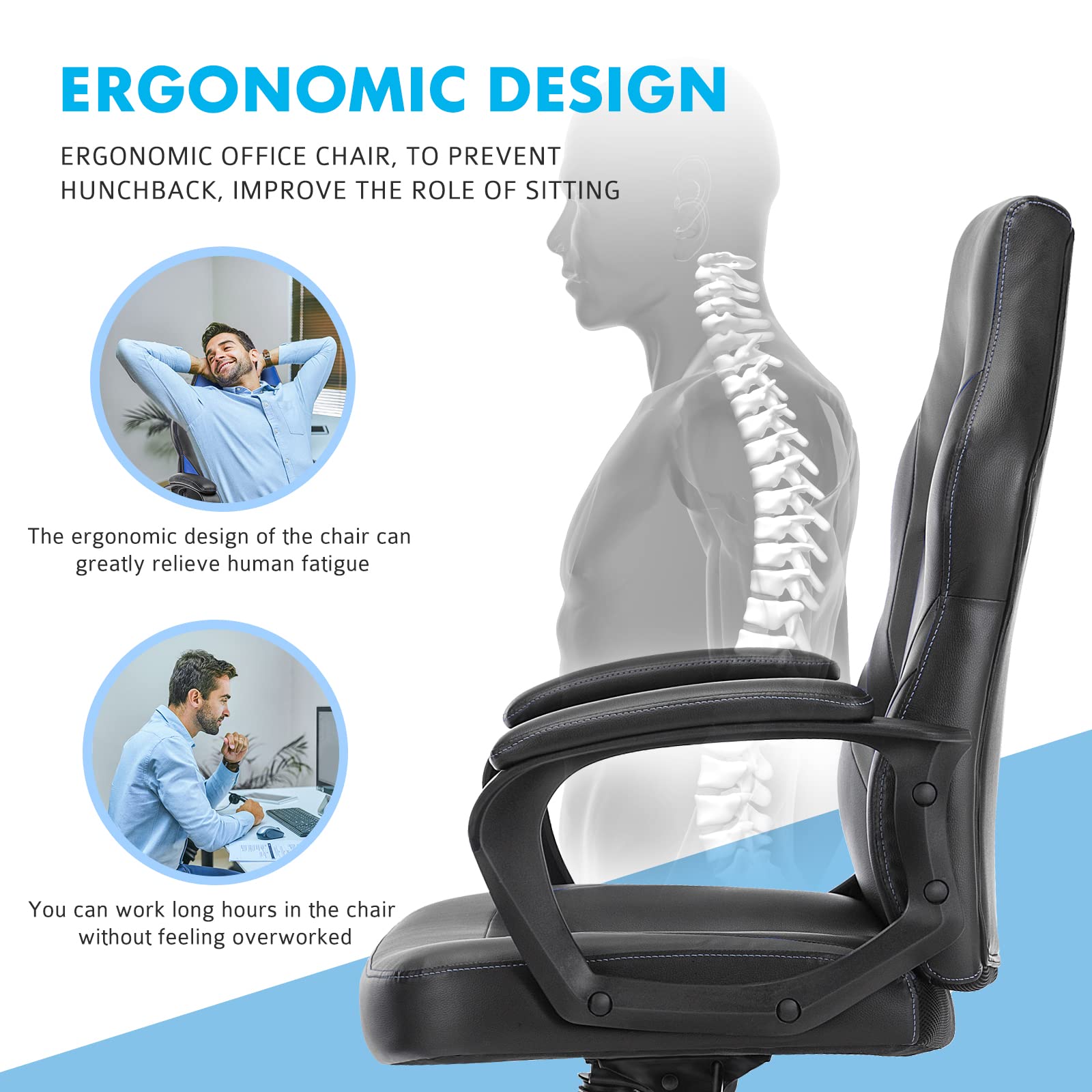 OLIXIS Ergonomic Gaming Chair - PU Leather Office Chair with Lumbar Support & Padded Armrests, Swivel Desk Chair for Adults (Grey) - Perfect for Home Office, Gaming Setup & Workstation Comfort