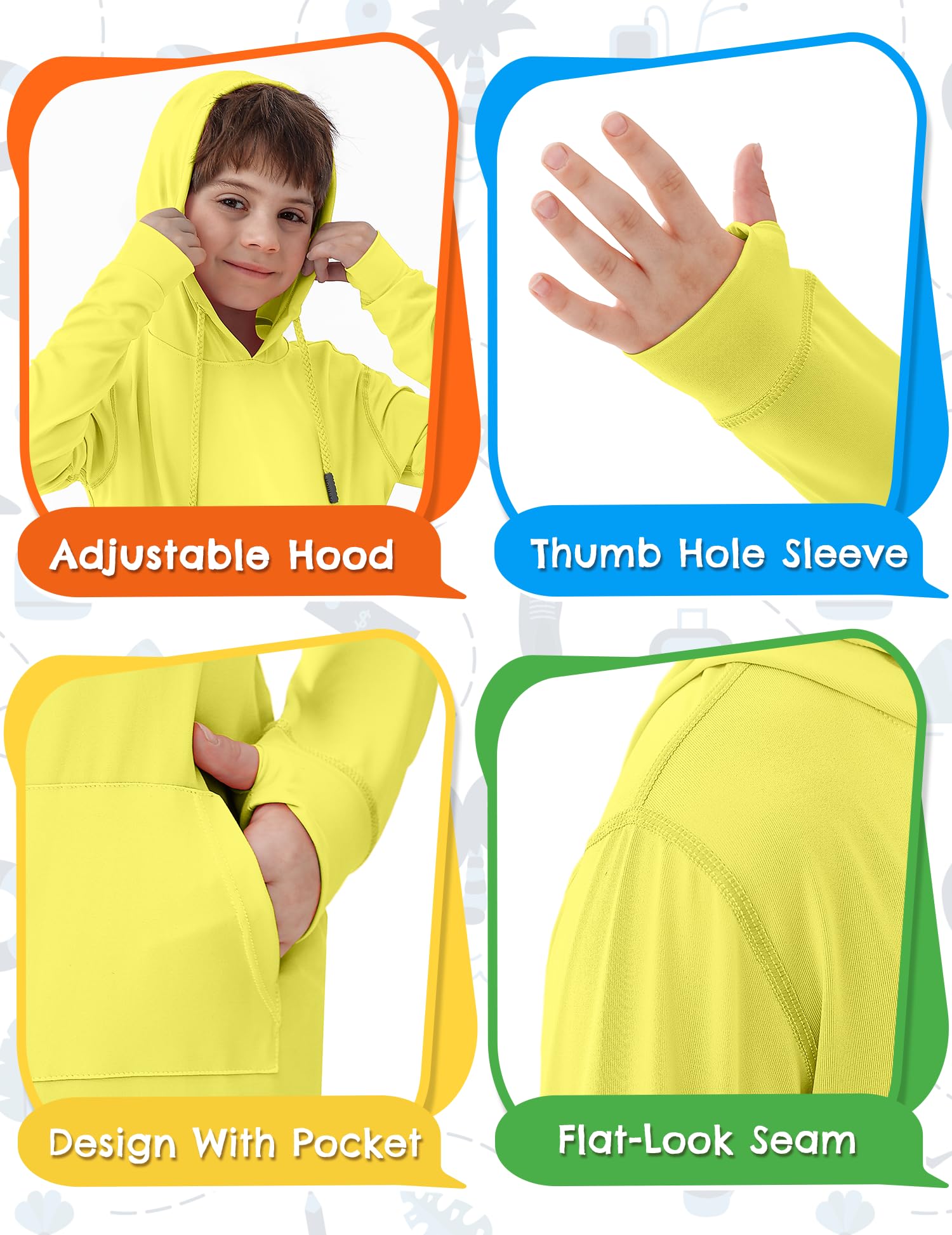 UPF 50+ Boys Rash Guard Swim Shirt - Sun Protection Long Sleeve Hoodie for Kids Fishing, Beach & Watersports with Pocket - Perfect for Swimming, Surfing and Outdoor Summer Activities