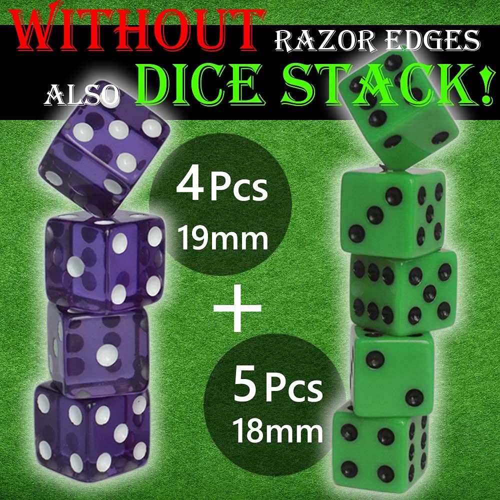 Graduation Gift Dice Stacking Cup Set - 4 Purple 19mm & 5 Green 18mm Standard 6-Sided Dice with Storage Bag & Magic Tricks Guide - Perfect for Board Games, Parties, and Magic Shows