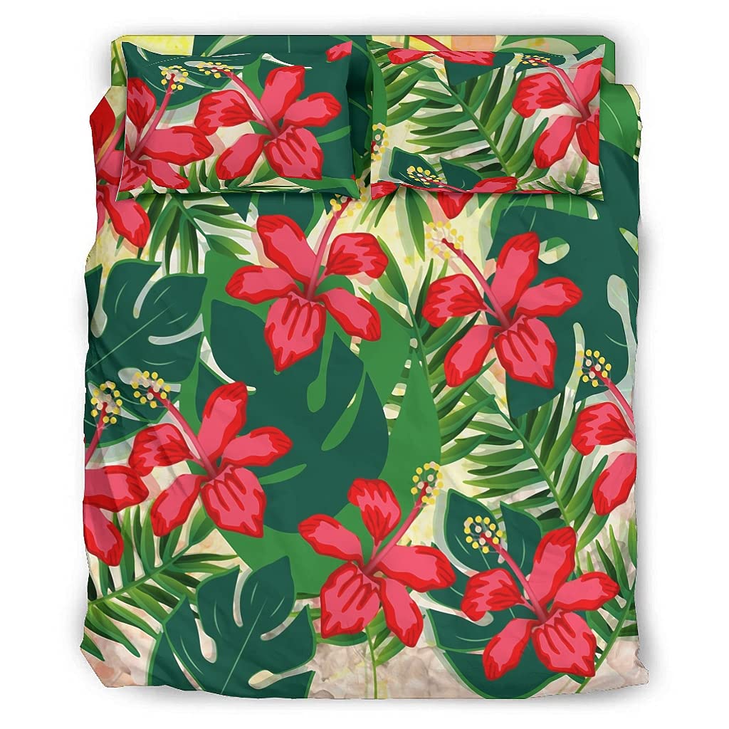 Hawaiian Aloha Red Flowers Tropical Hibiscus 4-Piece Duvet Cover Set - King Size White Bedding with Pillow Shams & Fitted Sheet for Beach House, Vacation Home or Tropical Bedroom Decor
