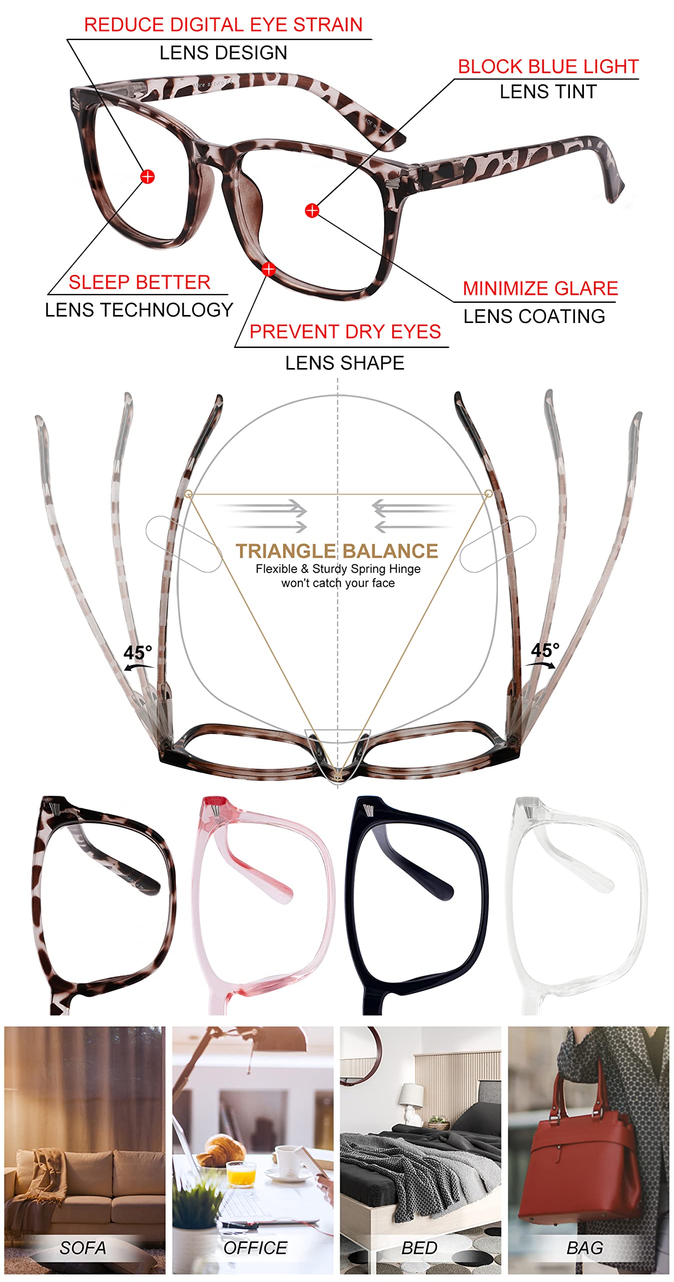 4-Pack Large Reading Glasses for Women with Blue Light Blocking - 1.0 to 6.0 Magnification in Multicolor Options - Perfect for Computer Work, Reading & Screen Time