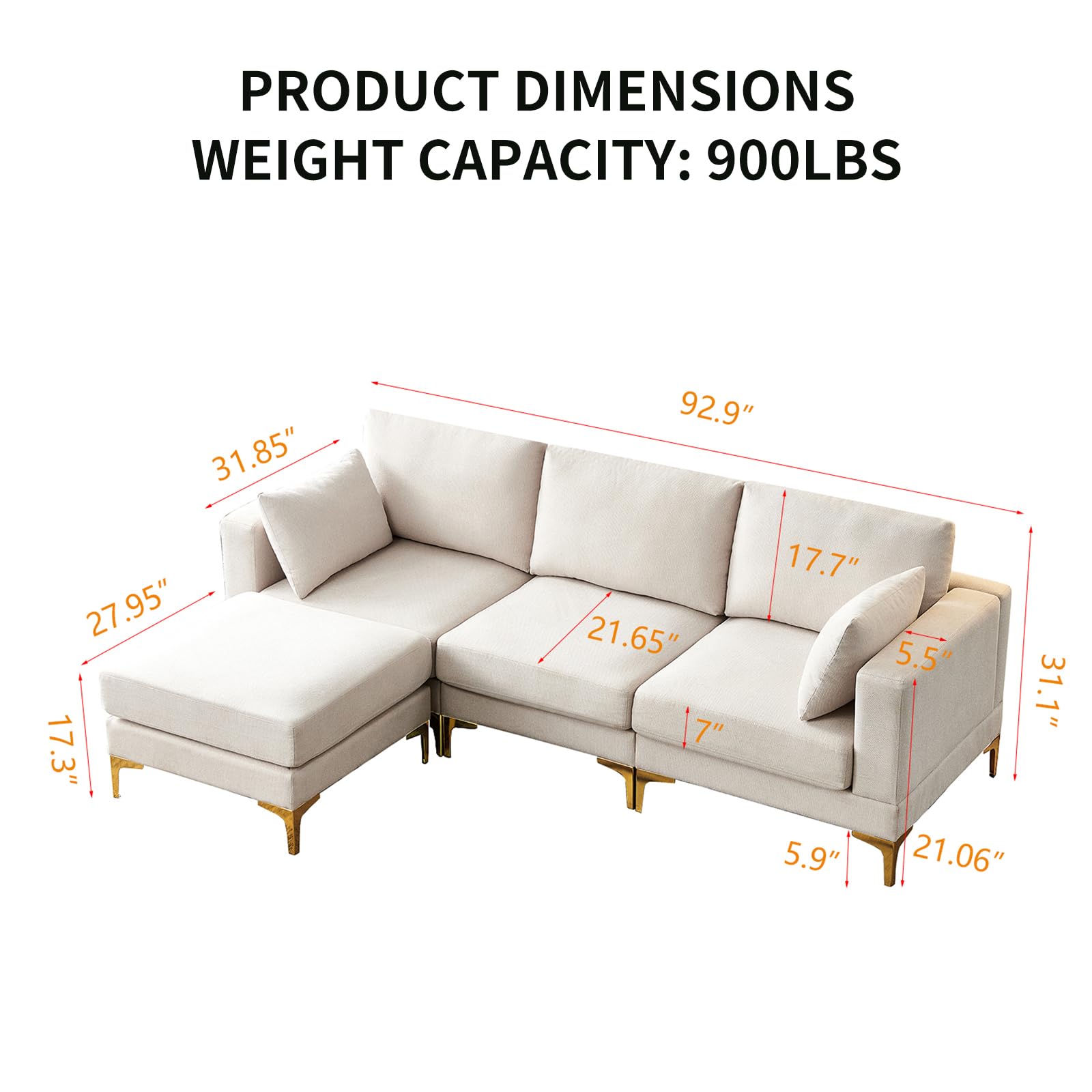 NIOIIKIT Modular Sectional Sofa - L-Shaped Upholstered Couch with Ottoman & Throw Pillows, 3-Seat Convertible Sofa with Chaise Lounge, Deep Seat Living Room Furniture for Small Spaces (Beige) | Perfect for Apartments, Home Theater & Family Gatherings