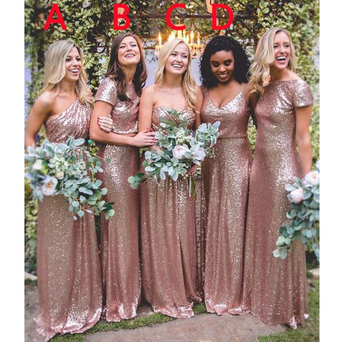 Elegant Mismatched Gold Rose Sequined Bridesmaid Dresses - Perfect for Weddings, Formal Events & Special Occasions