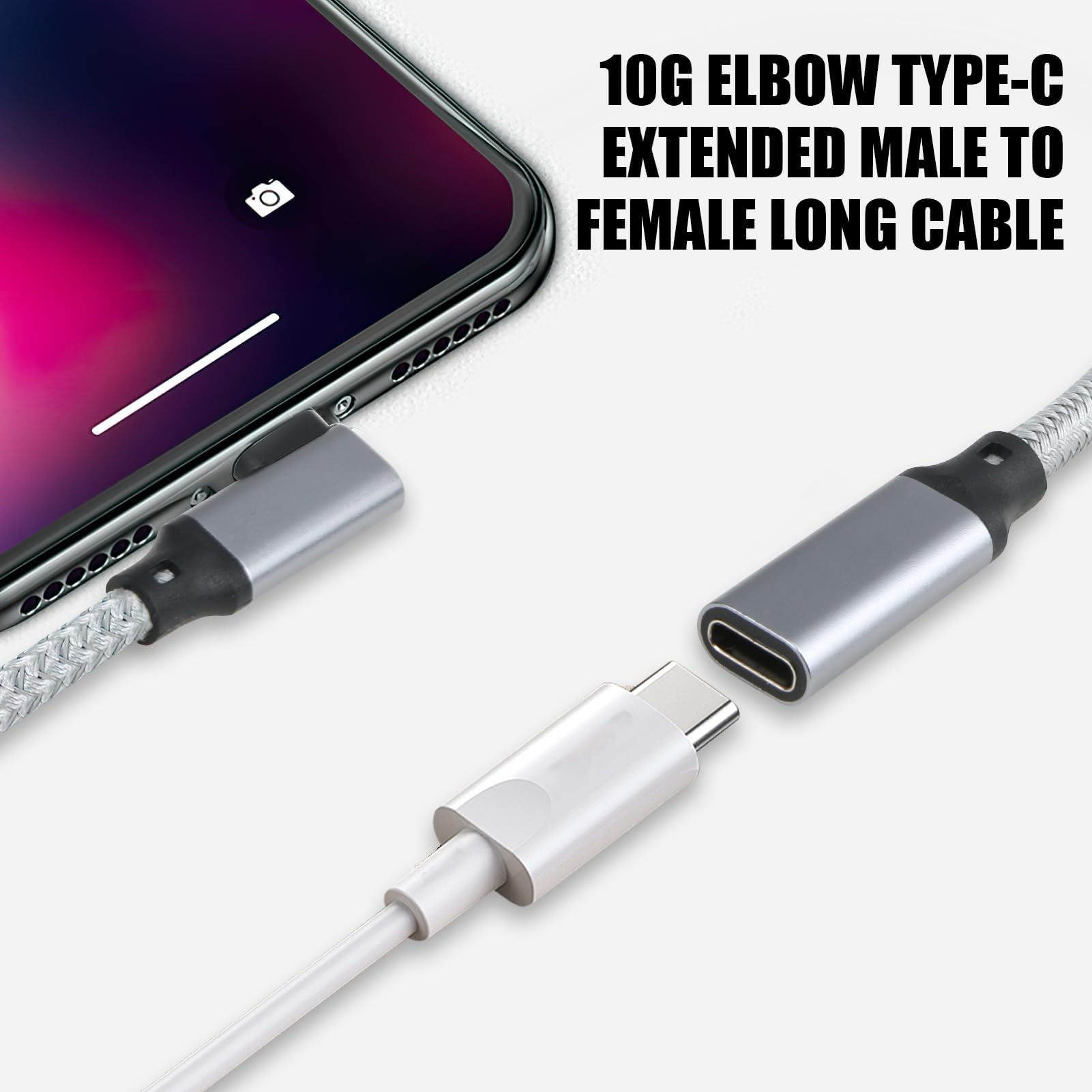 90 Degree Right Angle USB C Extension Cable - USB C 3.1 Gen 2 L-Shaped Female to Male Adapter for MacBook Pro/Air, iPad, iPhone 15/14/13, Samsung Galaxy - Perfect for Tight Spaces & Charging in Bed/Car