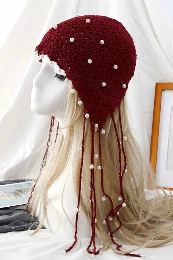 Stylish Solid Pearl Embellished Hollow Knit Winter Hat for Women - Perfect for Cold Weather, Outdoor Activities & Fashion Accessories