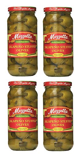 Premium Mezzetta Jalapeno Stuffed Olives - 10 oz. (Pack of 4) | Gourmet Stuffed Green Olives with Spicy Jalapeno | Perfect for Charcuterie Boards, Cocktails & Mediterranean Recipes