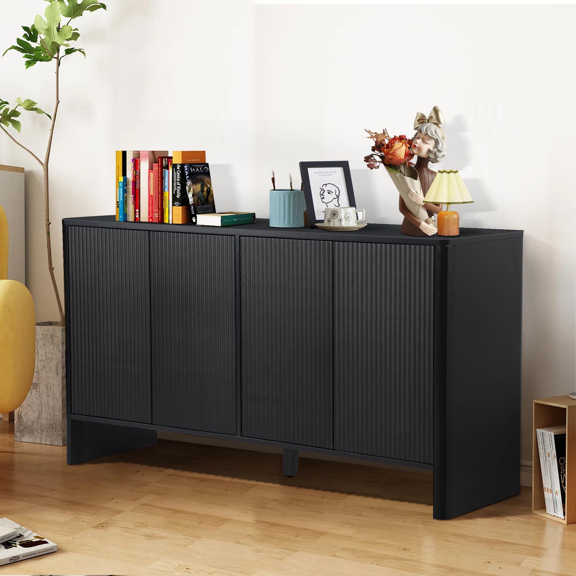 Modern Sideboard Buffet Cabinet with 4 Fluted Doors & Adjustable Shelves - Wood Credenza Storage Console for Kitchen, Dining Room, Living Room & Entryway - Stylish Home Organization Solution (Black)