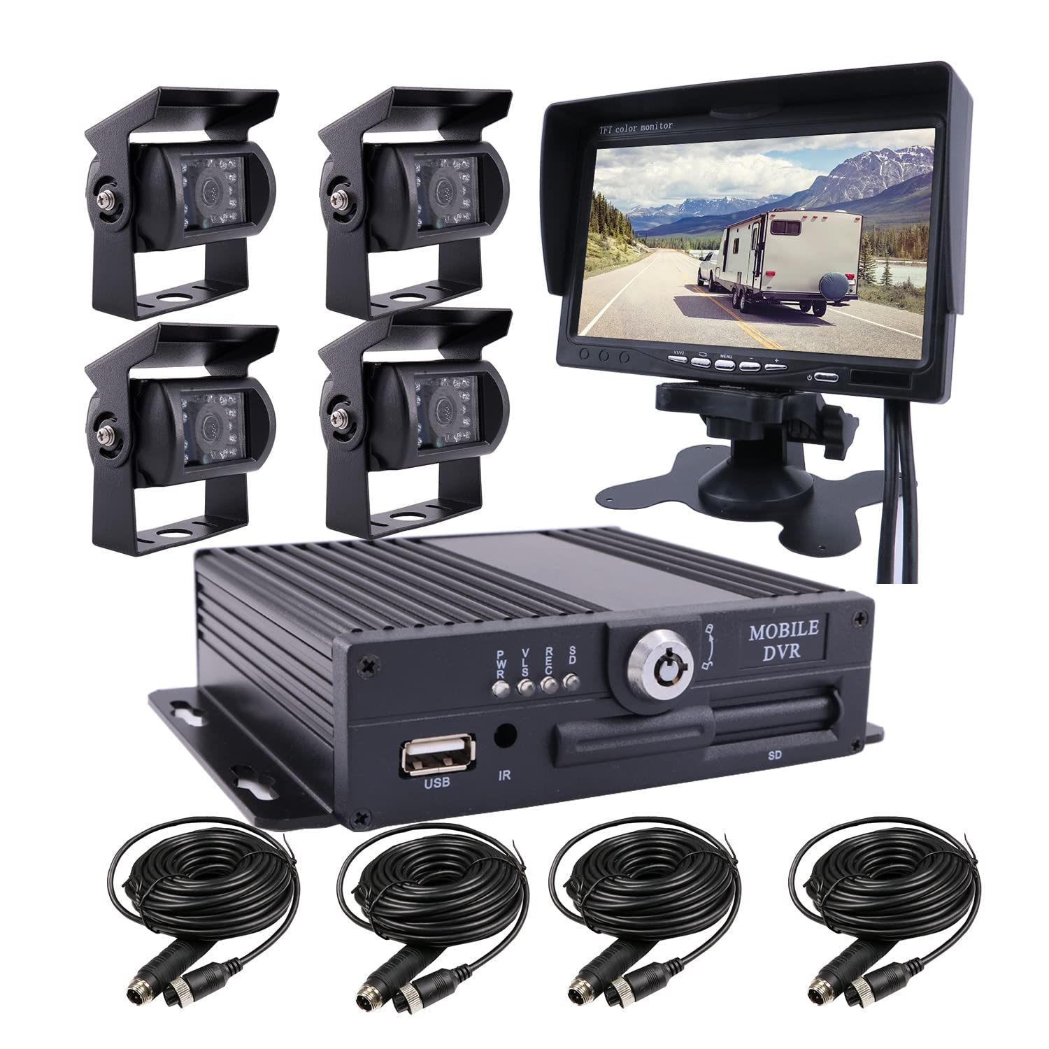 JOINLGO 4 Channel 256GB 1080P AHD HD Car DVR Recorder Kit with 4 Waterproof Night Vision Cameras & 7