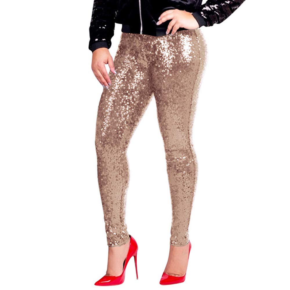 Sparkling Sequin Women's Plus Size High Waist Leggings - Sexy Shiny Slim Fit Pants for Clubwear, Night Out & Party | Comfortable Stretchy Trousers for Curvy Ladies