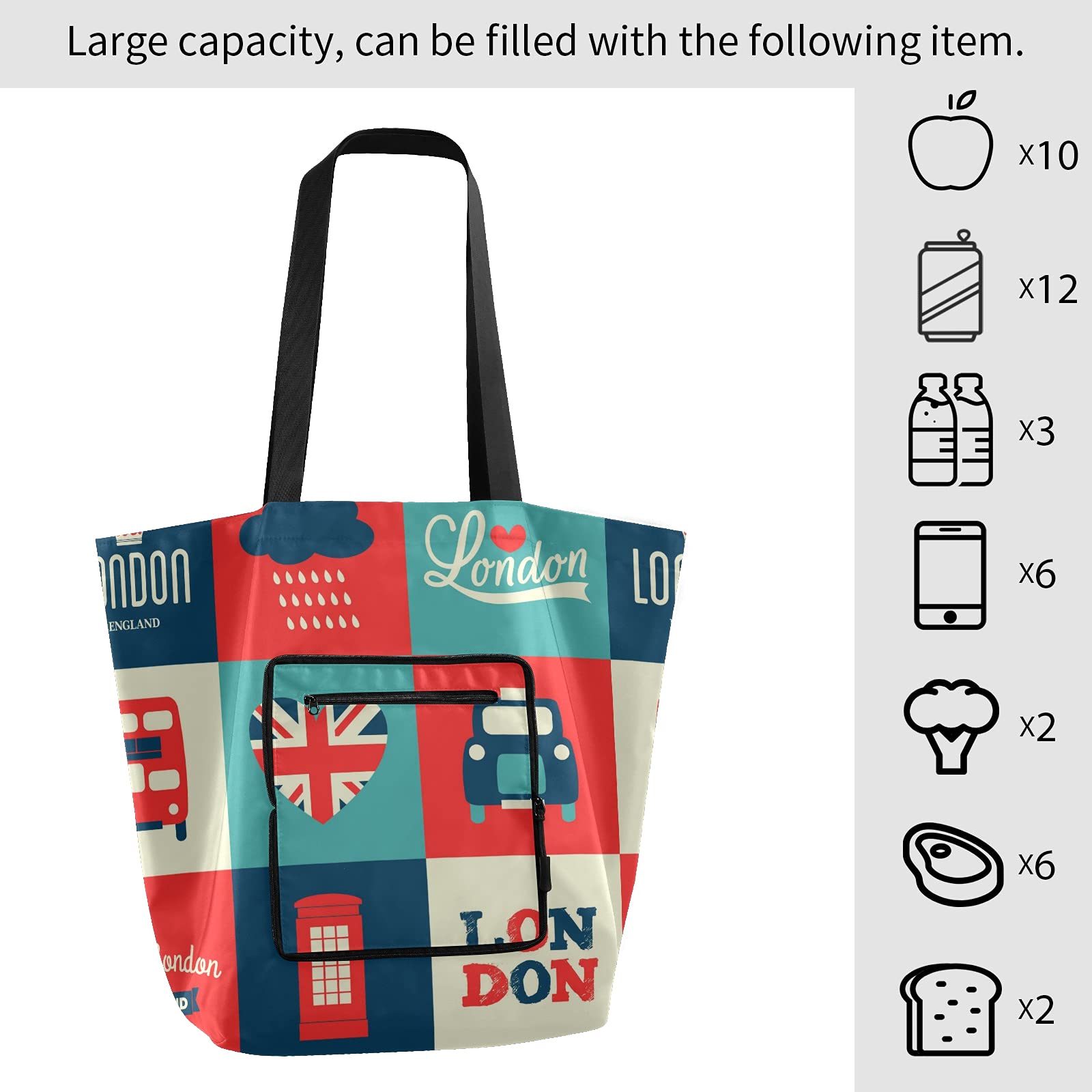 ALAZA Cartoon London British Flag Union Jack Large Reusable Tote Bag - Foldable Lightweight Grocery Shopping Bag with Handles for Women & Men | Perfect for Outdoors, Picnic, Travel, Beach & Daily Use