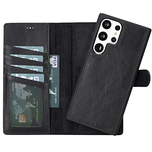 Premium Genuine Leather Wallet Case for Samsung Galaxy S23 Plus - Detachable Magnetic Flip Cover for Men & Women - Handmade Rustic Black - Perfect for Work & Travel