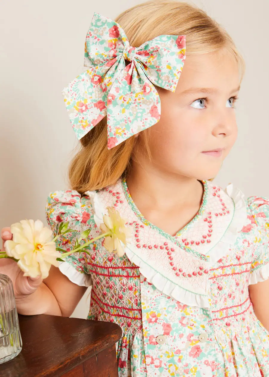 Floral Hand Smocked Double Breasted Short Sleeve Baby & Kids Dress - Coral (12 Months to 10 Years) | Perfect for Spring Photoshoots, Easter Outfits & Special Occasions