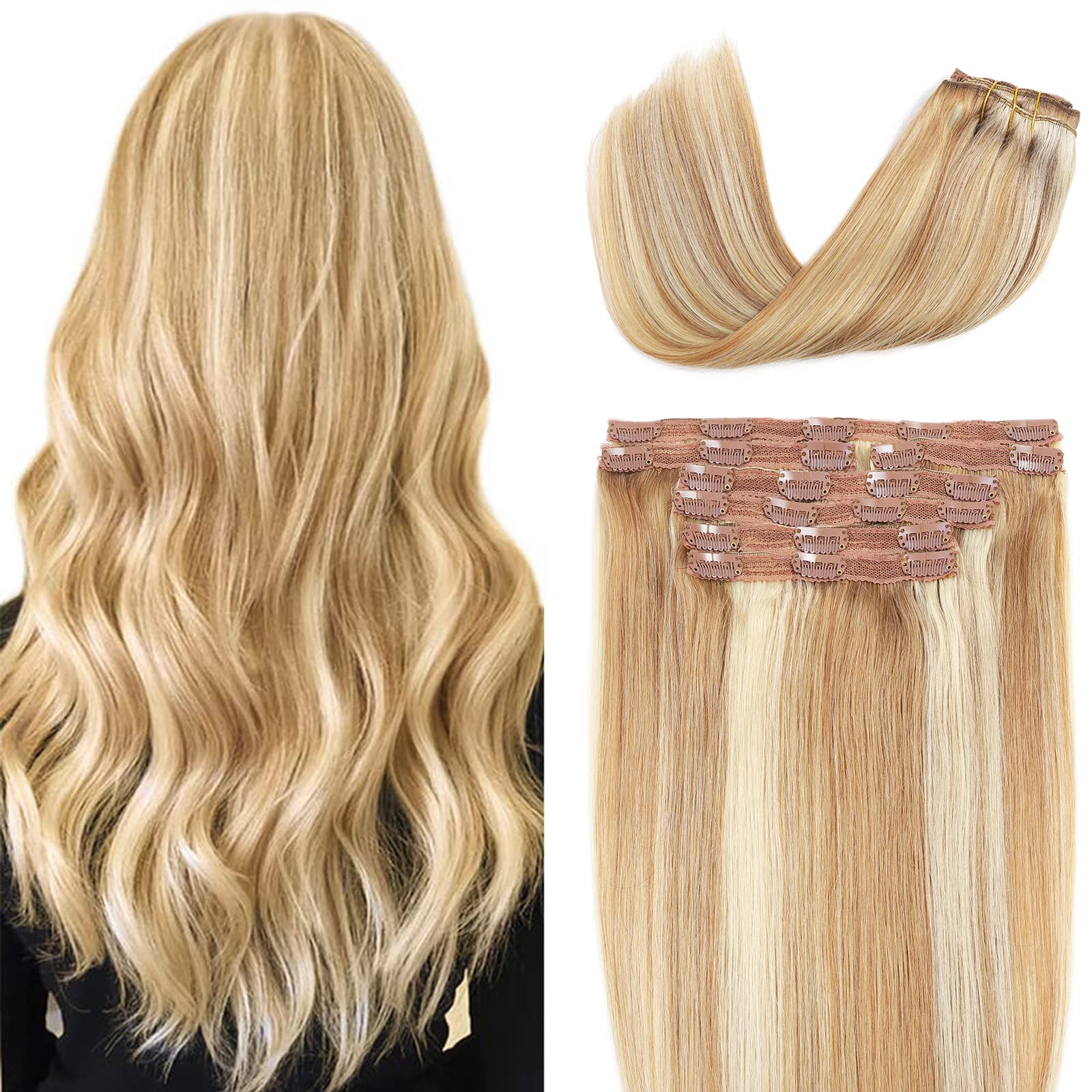 Clip in Hair Extensions 14 Inch Human Hair - 7pcs 120g Remy Straight Natural Soft Real Hair Extensions with 24 Clips | Balayage Mixed Bleach Blonde Highlights | Perfect for Women's Daily Styling, Parties & Special Occasions #P18/613