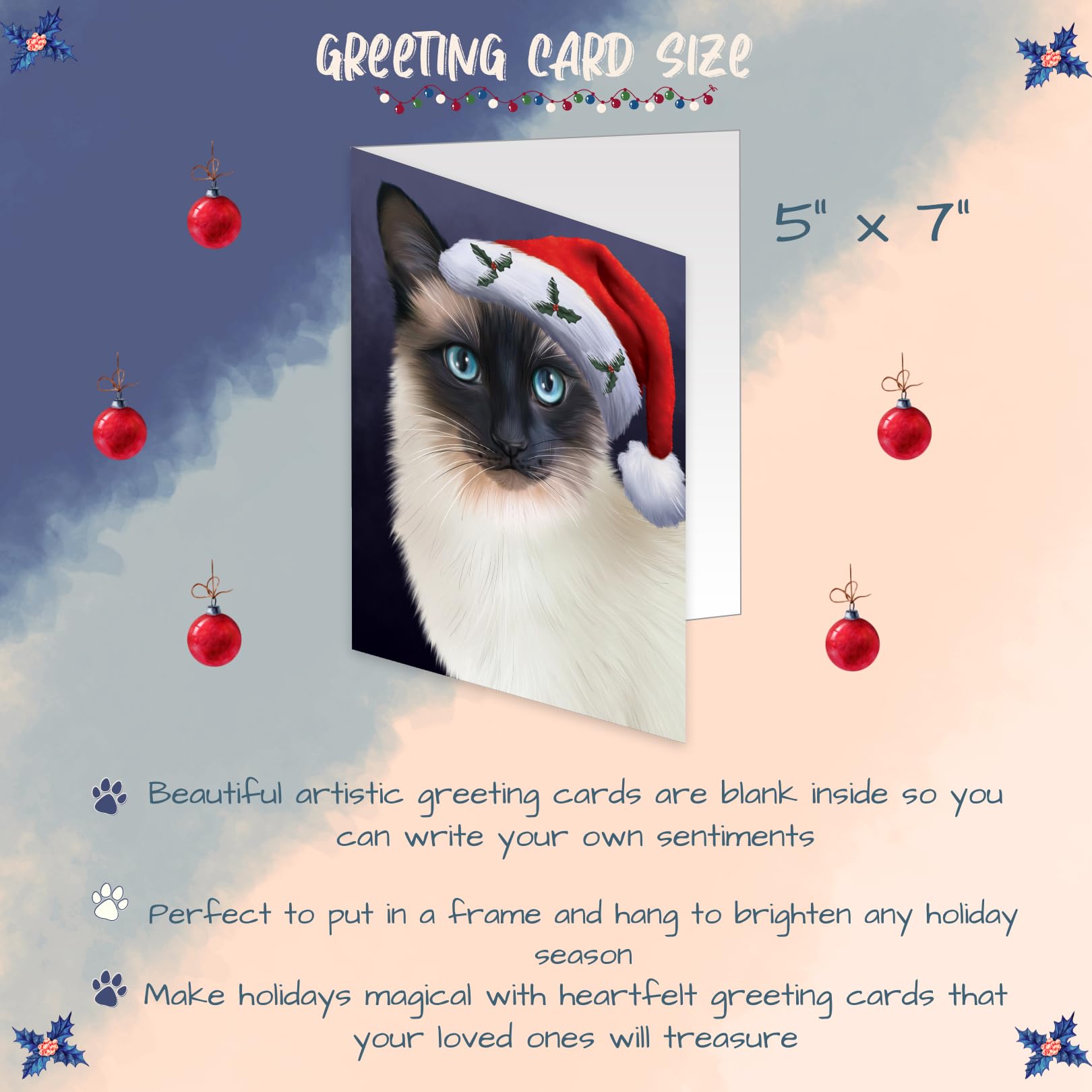 Christmas Santa Hat Wearing Siamese Cat Greeting Cards - 10 Adorable Pet Holiday Cards with Envelopes - Cute Cat Christmas Invitations for Pet Lovers - Perfect for Holiday Parties, Gift Exchanges & Festive Greetings