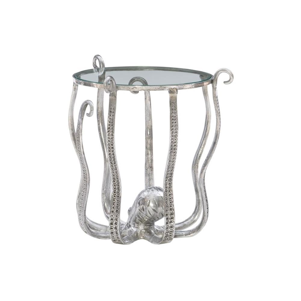 Linon Olivia Octopus Silver Aluminum and Glass Side Table - Perfect for Living Room, Bedroom, or Office Decor