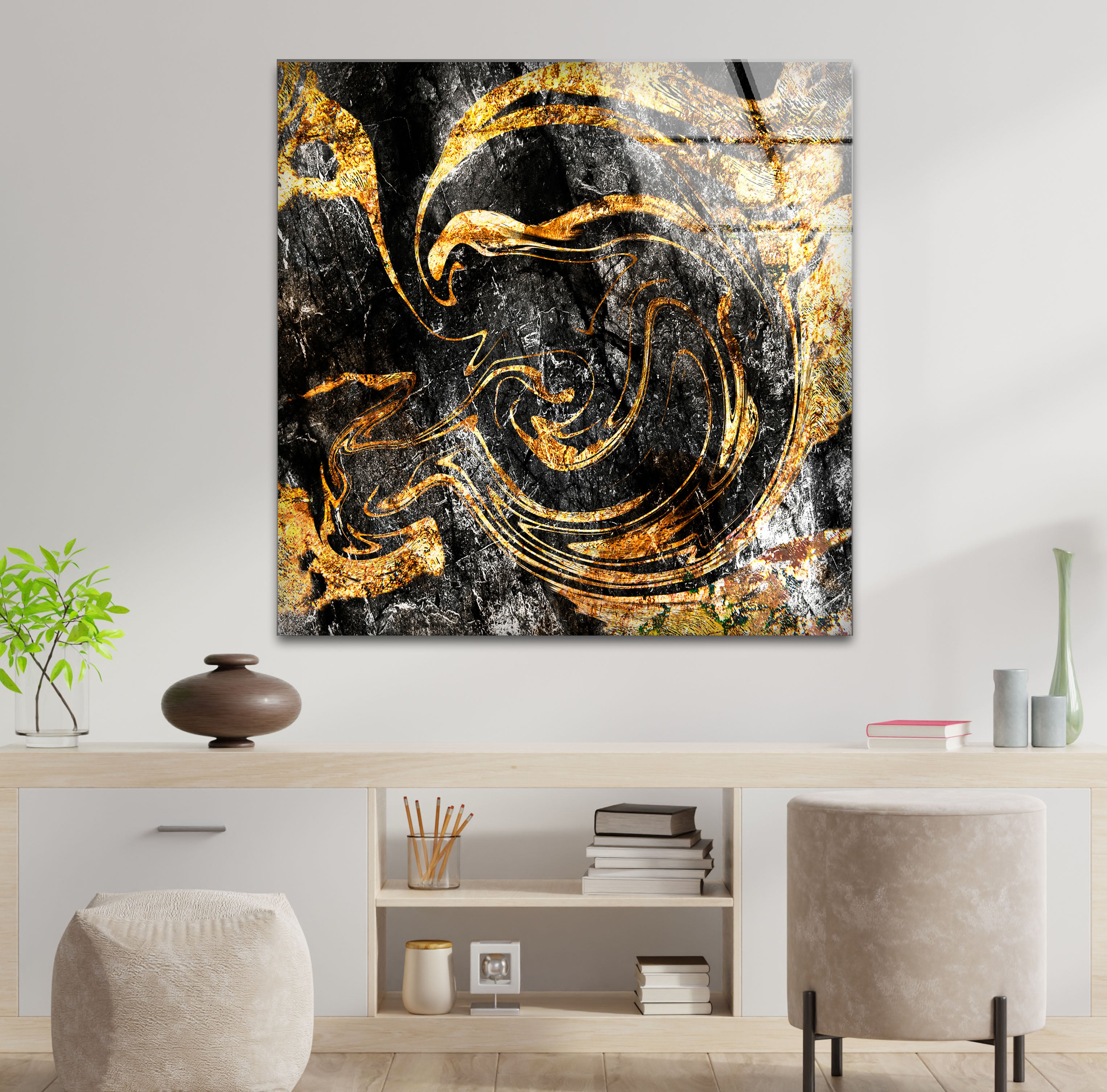 Black Gold Abstract Wall Art - Premium Textured Glass Print with Metallic Swirl Design for Modern Home & Office Decor | Perfect for Living Room, Bedroom or Contemporary Spaces