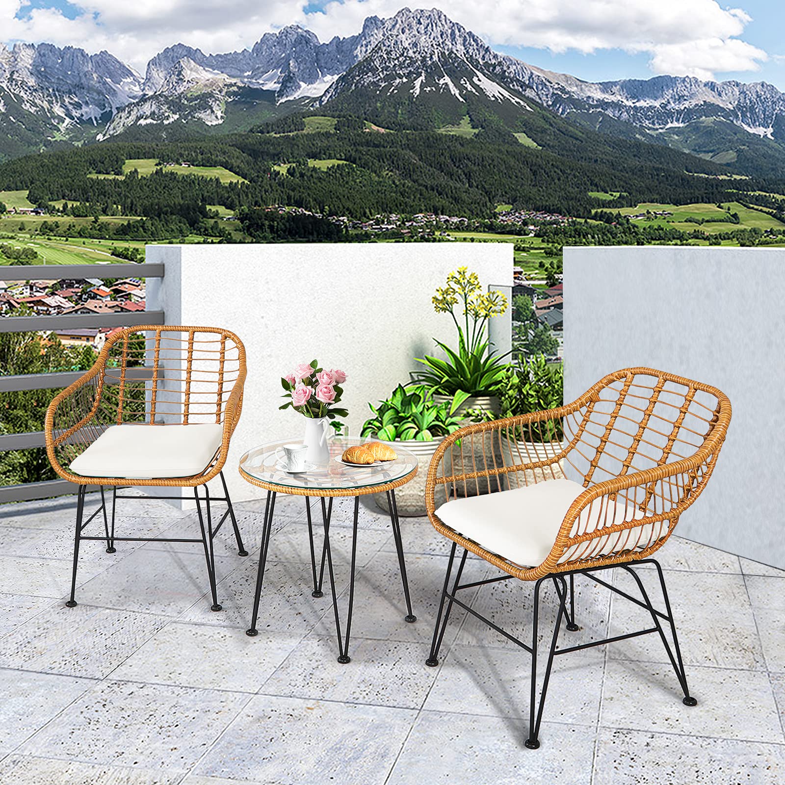 **HAPPYGRILL 3-Piece Rattan Bistro Set with Steel Frame, Round Coffee Table & Soft Cushions – Outdoor Patio Furniture for Garden, Balcony, or Poolside Relaxation**