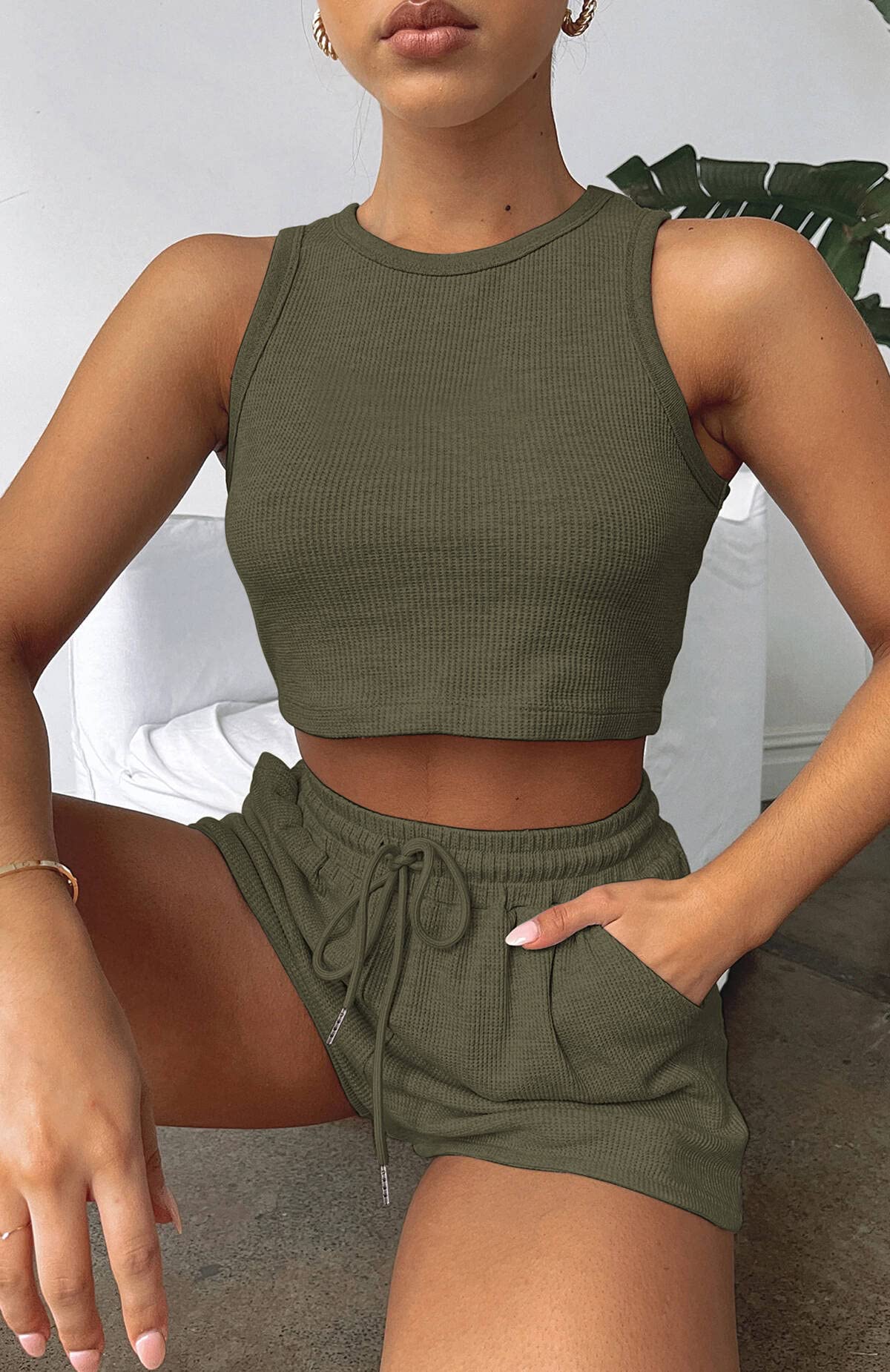 Lingswallow 2-Piece Women's Lounge Set - Sleeveless Crop Top & Waffle Shorts | Soft Comfortable Tracksuit for Women | Perfect for Yoga, Home Relaxation & Casual Wear