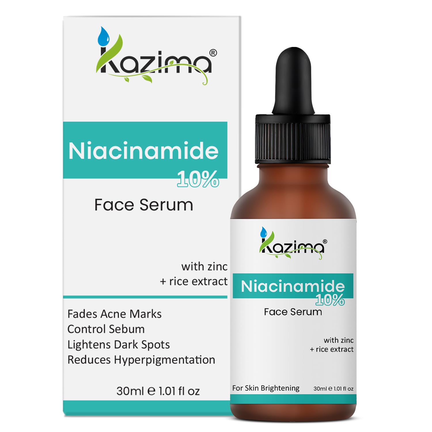 KAZIMA 10% Niacinamide Face Serum for Acne Scars & Dark Spot Removal - Zinc & Rice Extract Formula to Fade Blemishes, Reduce Hyperpigmentation & Balance Oil - Best Niacinamide Serum for Oily Skin (30ml) | Daily Skincare Routine for Clear, Glowing Complexion