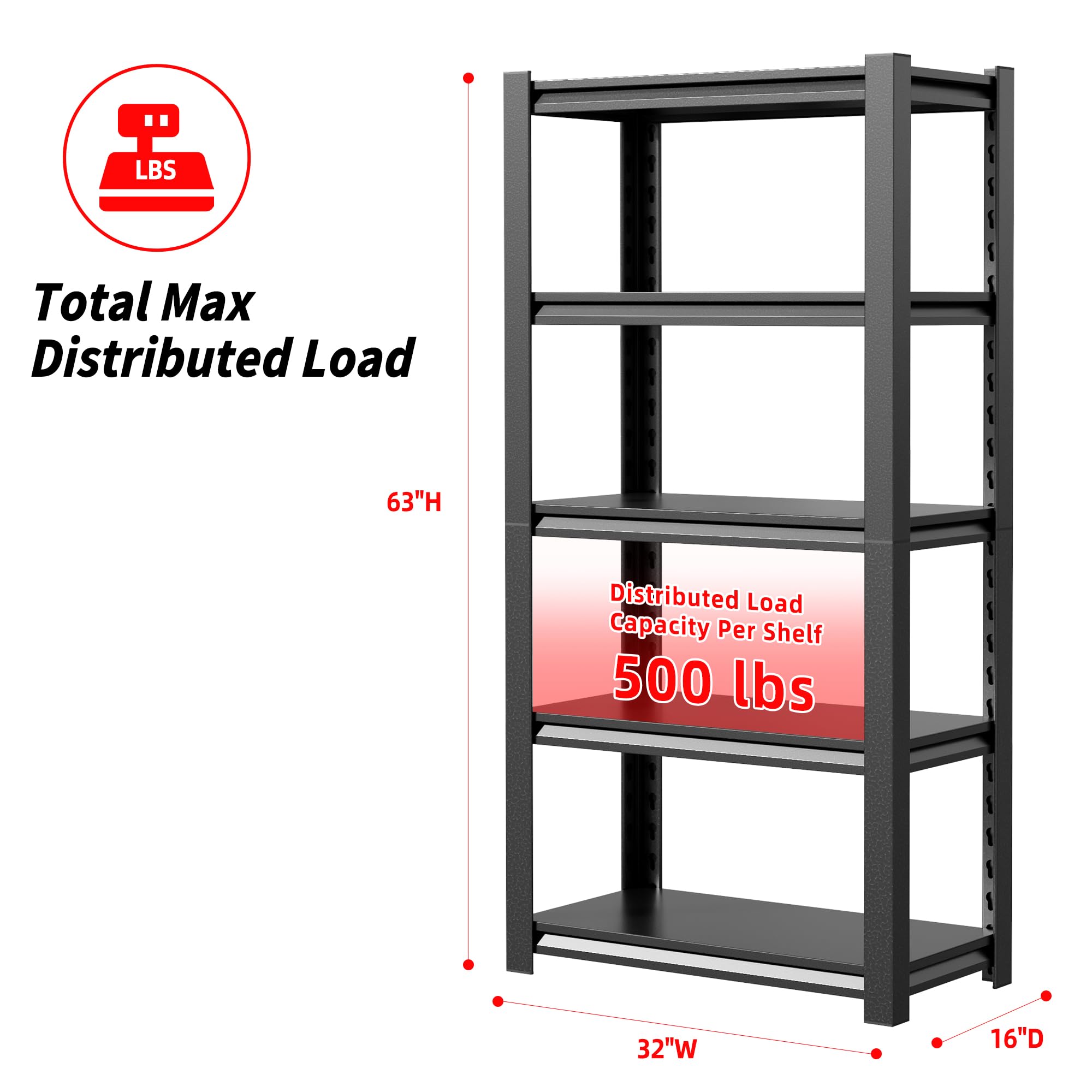 5-Tier Heavy Duty Storage Shelves - 2500 lb Capacity Boltless Metal Shelving Unit for Garage, Basement & Shed (16