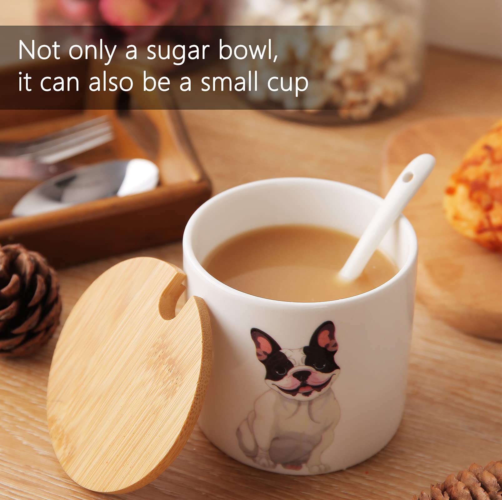 Ceramic Sugar Bowl with Wooden Lid & Stainless Steel Spoon - 9oz/266ml Dog Pattern Porcelain Sugar Container - Perfect for Coffee, Tea, Baking & Home Decor - Ideal Gift for Dog Lovers & Pet Owners