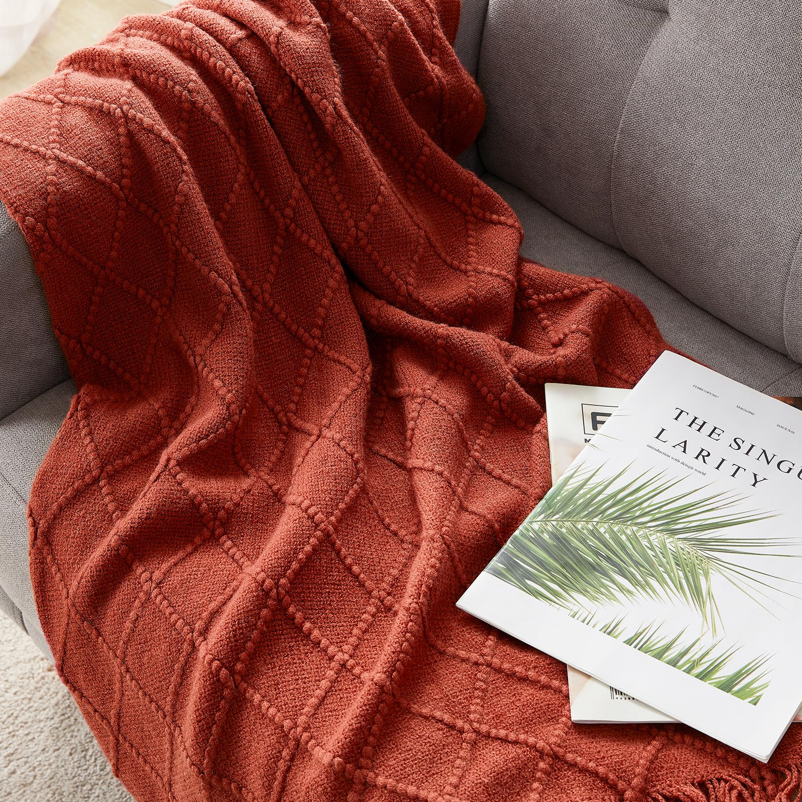BOURINA Burgundy Knitted Throw Blanket 50x90 Inches - Ultra Soft Textured Solid Sofa Blanket, Couch Cover & Bed Runner - Perfect for Living Room, Bedroom & Cozy Home Decor