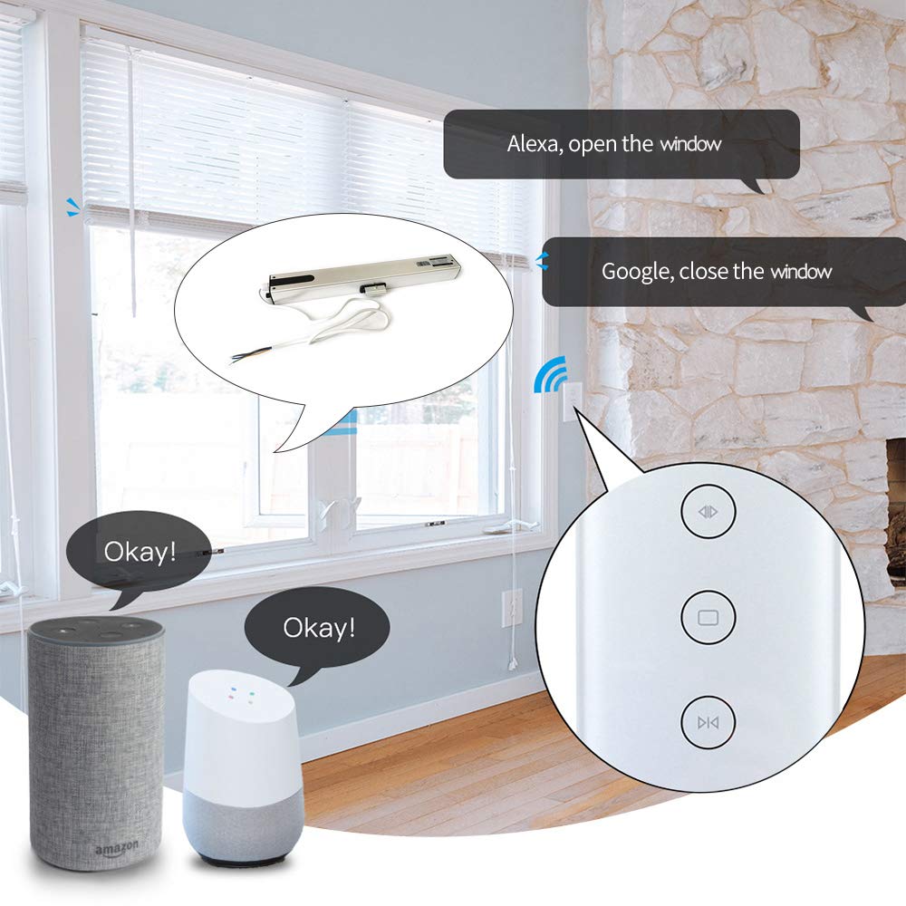 Smart WiFi Window Opener with Alexa & Google Assistant - Automatic AC Motor Window Controller, US Standard, App & Push Panel Remote Control - Perfect for Home Automation, Greenhouses & Ventilation Systems