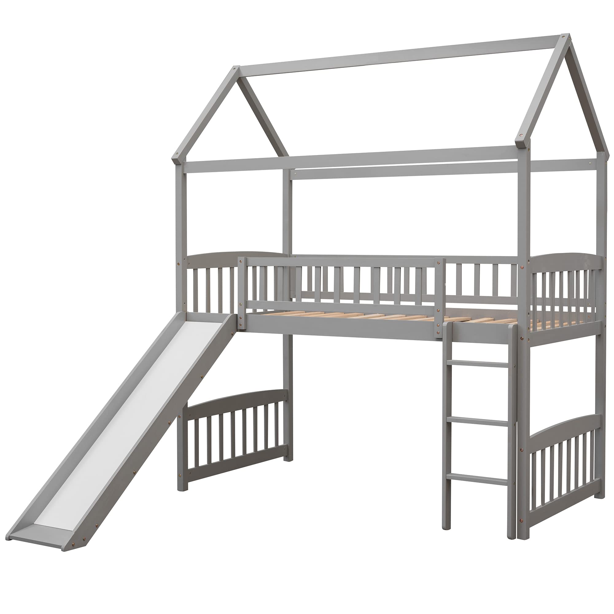 Bellemave Twin Loft Bed with Slide, Ladder, Headboard & Footboard - Playhouse Bed for Kids & Toddlers - Gray - Perfect for Small Bedrooms, Playrooms & Kids' Sleepovers