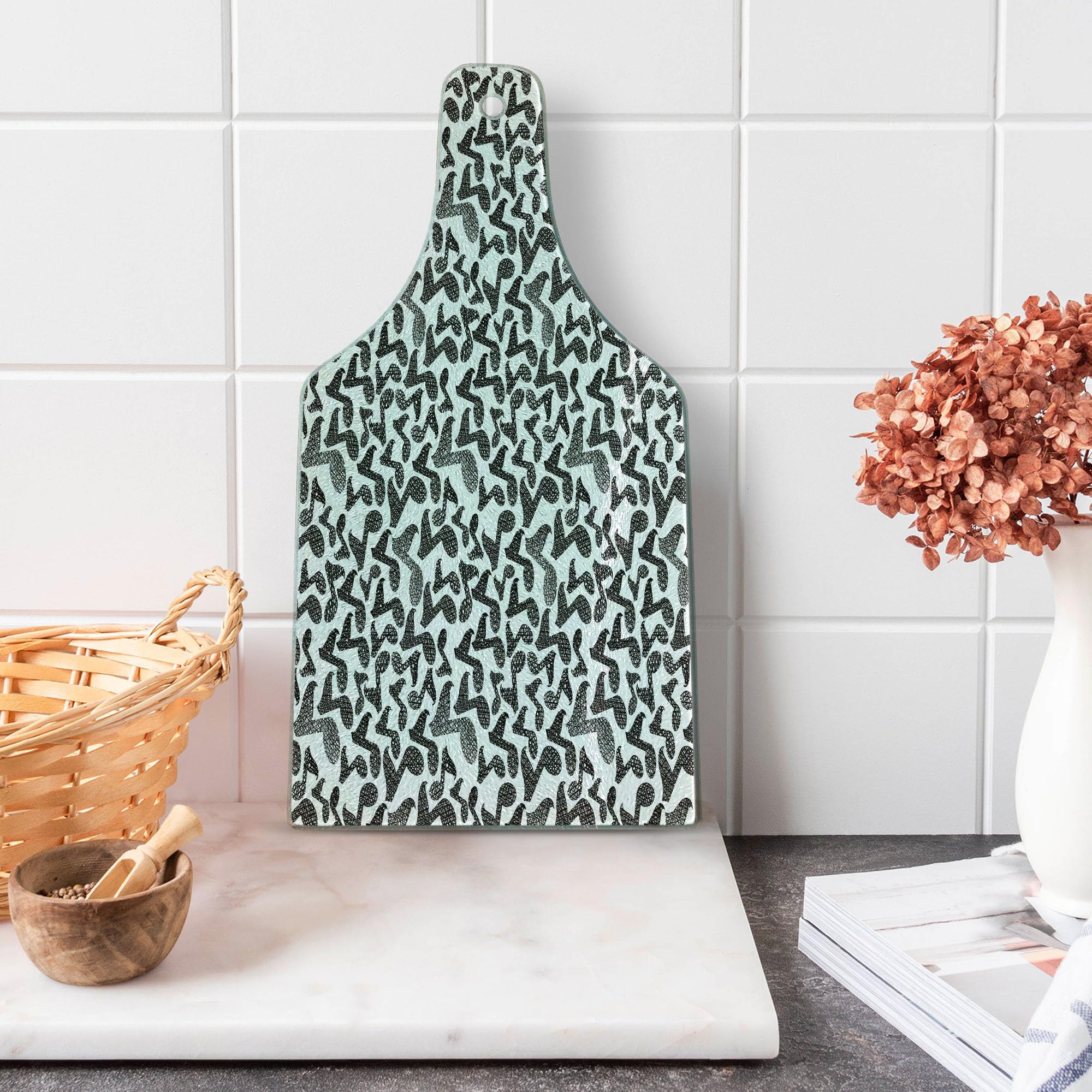 Ambesonne Modern Music Notes Sketch Style Glass Cutting Board - Hand Drawn Doodle Art Design - Tempered Glass Serving Board for Kitchen & Entertaining - Wine Bottle Shape Black & White Decorative Board - Perfect for Cheese Platters, Charcuterie & Wine Pairings