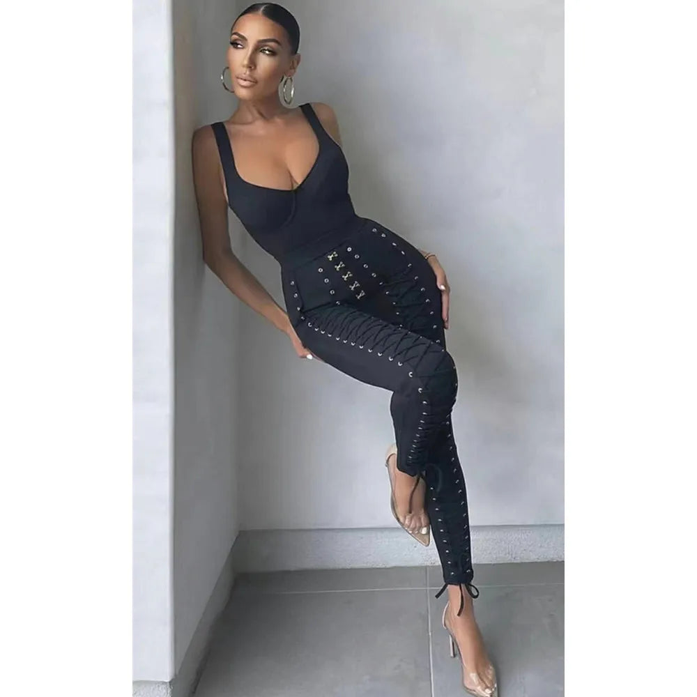 Black & White Sleeveless Rayon Bandage Jumpsuit for Women - Sexy Bodycon Cocktail Party Dress, Clubwear, Night Out Outfit, Summer Fashion