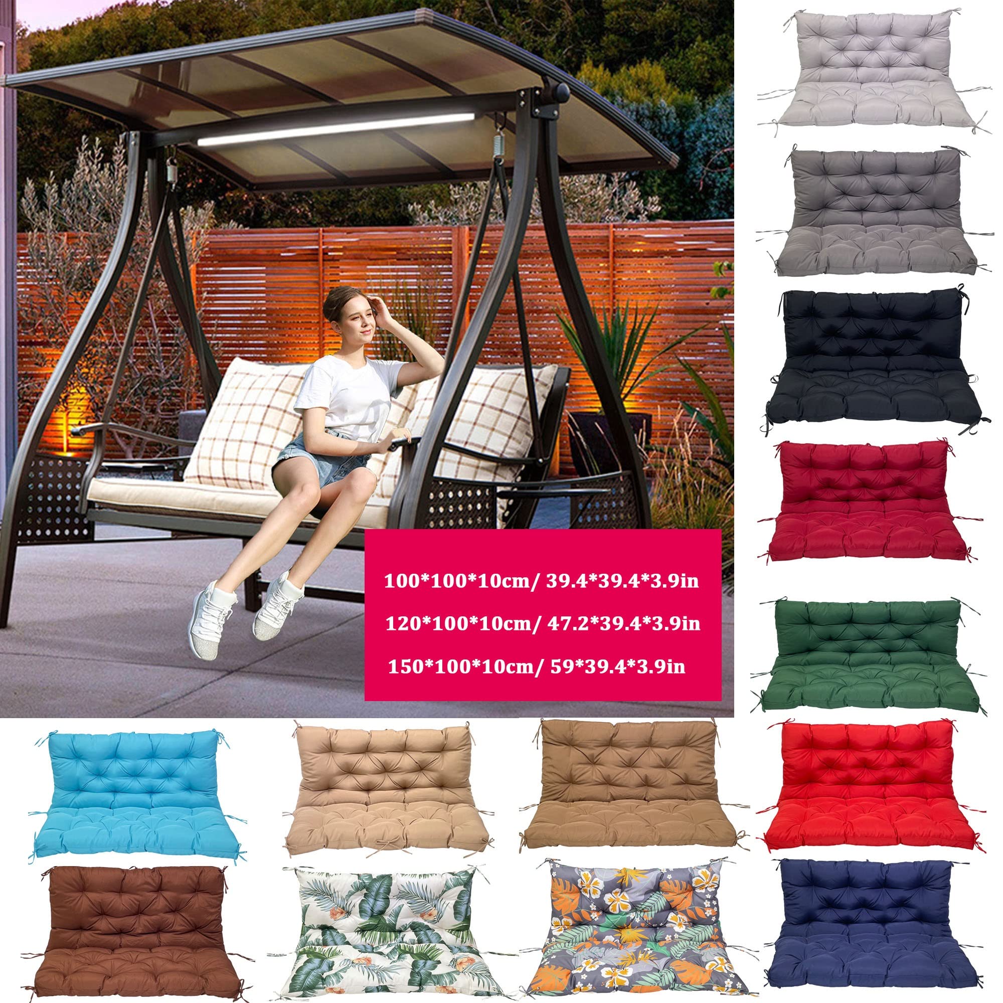 Replacement Seat Cushion for Garden Patio Swing - Waterproof Non-Slip 2-3 Seater Bench Cushion with Backrest & Ties - Durable Outdoor Indoor Furniture Cushion for Porch, Deck, Balcony & Backyard Relaxation