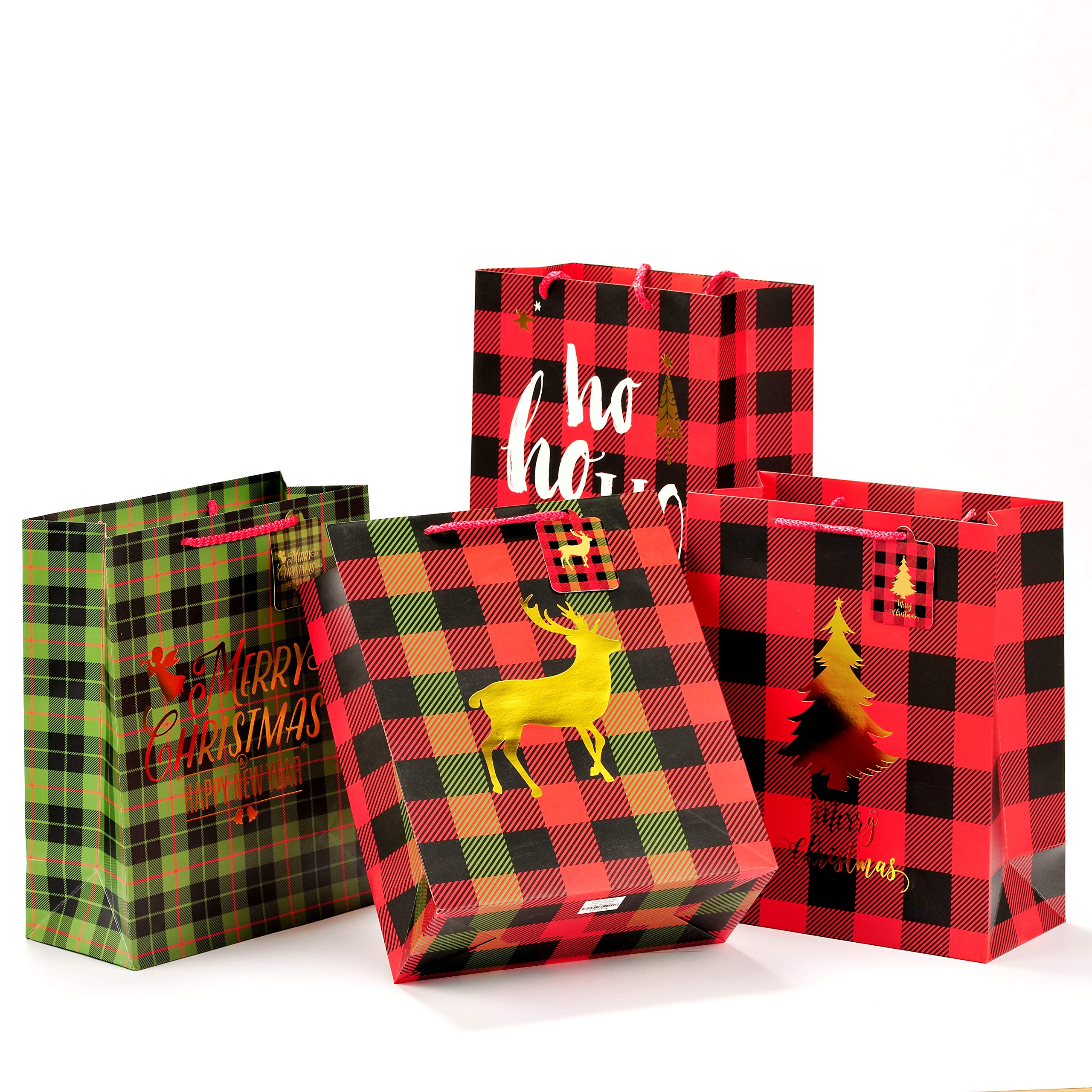 4 Pack Christmas Gift Bags with Handles - Glitter Holiday Wrapping Bags Featuring Christmas Tree & Elk Designs - Medium Size Gift Bags with Bonus Cards - Elegant Bronzing Gift Bags for Kids (Style A) - Perfect for Holiday Parties, School Exchanges & Secret Santa Gifts