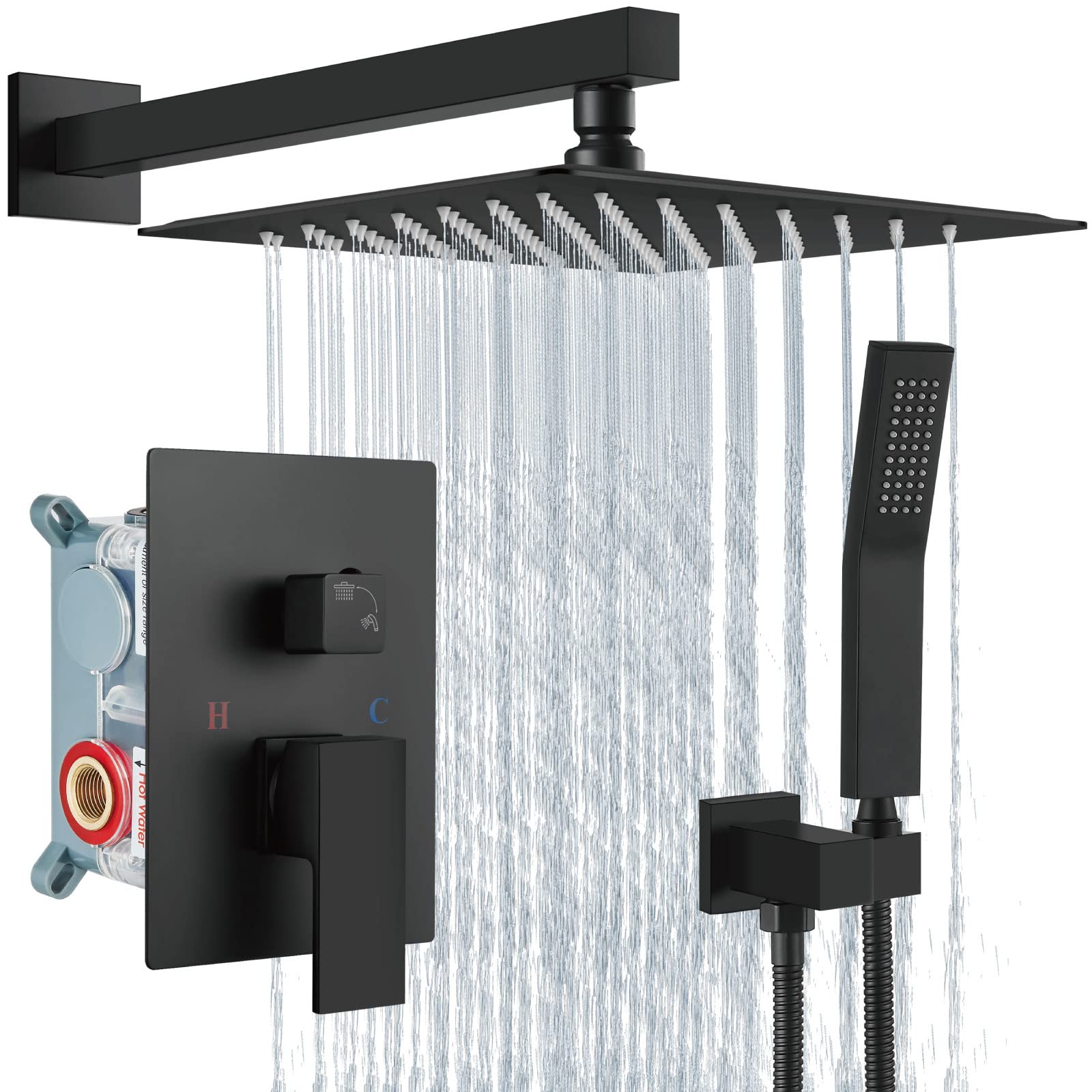 Aolemi Matte Black 12 Inch Wall Mount Shower Faucet Set - Rain Shower System with Handheld Spray, Rough-in Valve & Trim Kit - Perfect for Modern Bathroom Renovation & Spa-Like Shower Experience