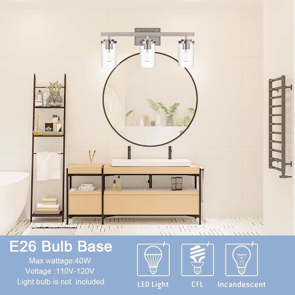 BONLICHT Modern 3-Light Vanity Wall Sconce - Brushed Nickel Finish with Clear Glass Shade, Industrial Bathroom Lighting Fixture for Mirror, Kitchen, Hallway, Foyer & Dressing Table - Perfect for Home Decor and Interior Lighting Upgrade