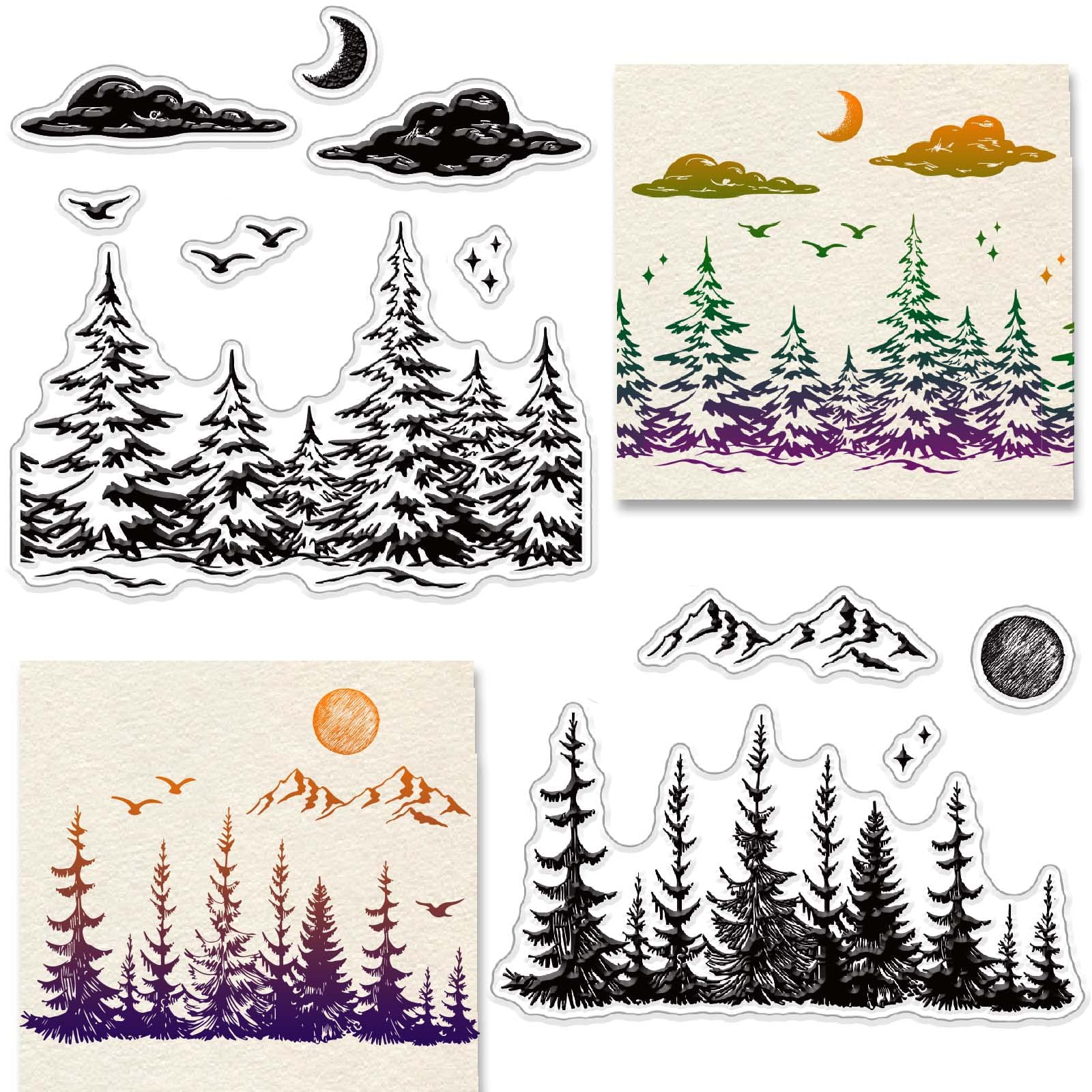 CRASPIRE Forest Clear Stamps Set - Sun, Moon, Clouds & Trees Transparent Silicone Rubber Stamps for Scrapbooking, DIY Cards, Photo Albums (4.3x6.3x0.1 Inch) - Perfect for Birthday, Thanksgiving & Nature-Themed Crafting Projects
