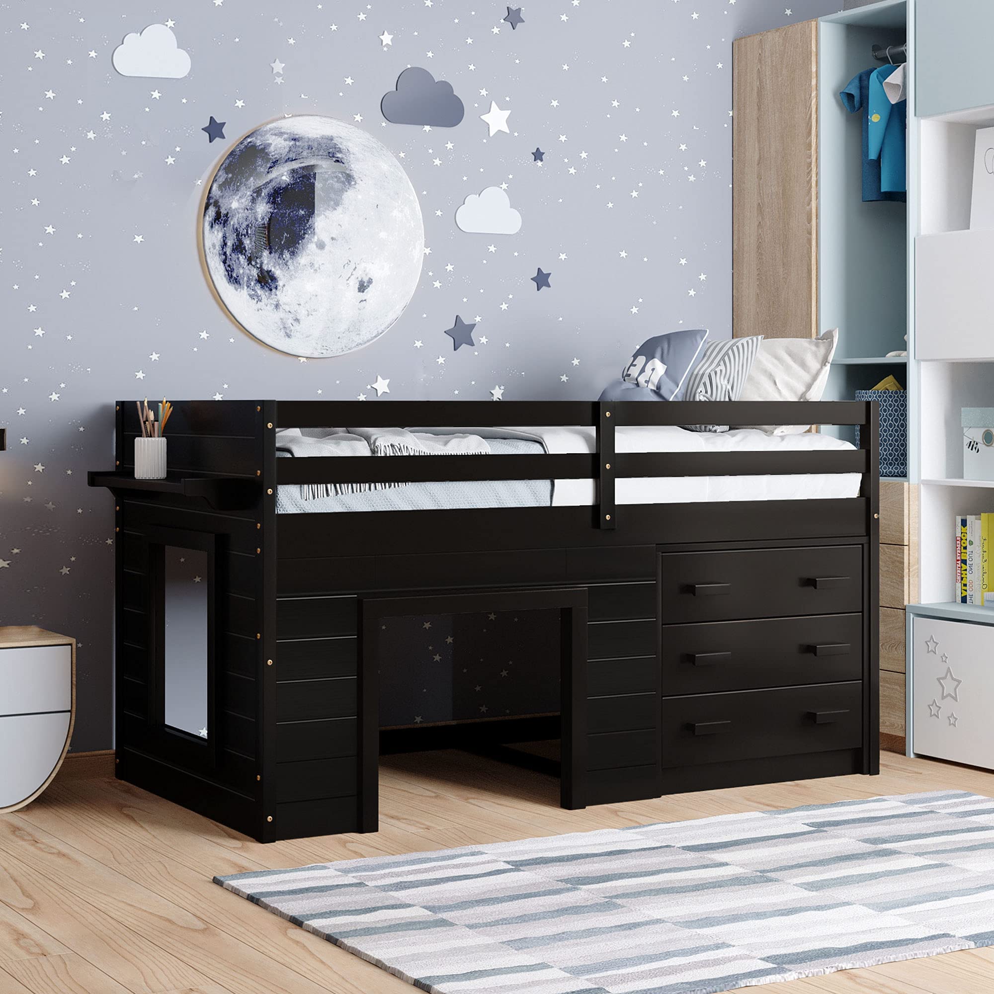 Twin Size Loft Bed with 3 Wide Drawers & Storage Shelf - Sturdy Wooden Bunk Bed for Teens, Kids & Small Spaces - Perfect for Dorm Rooms, Apartments & Bedroom Organization