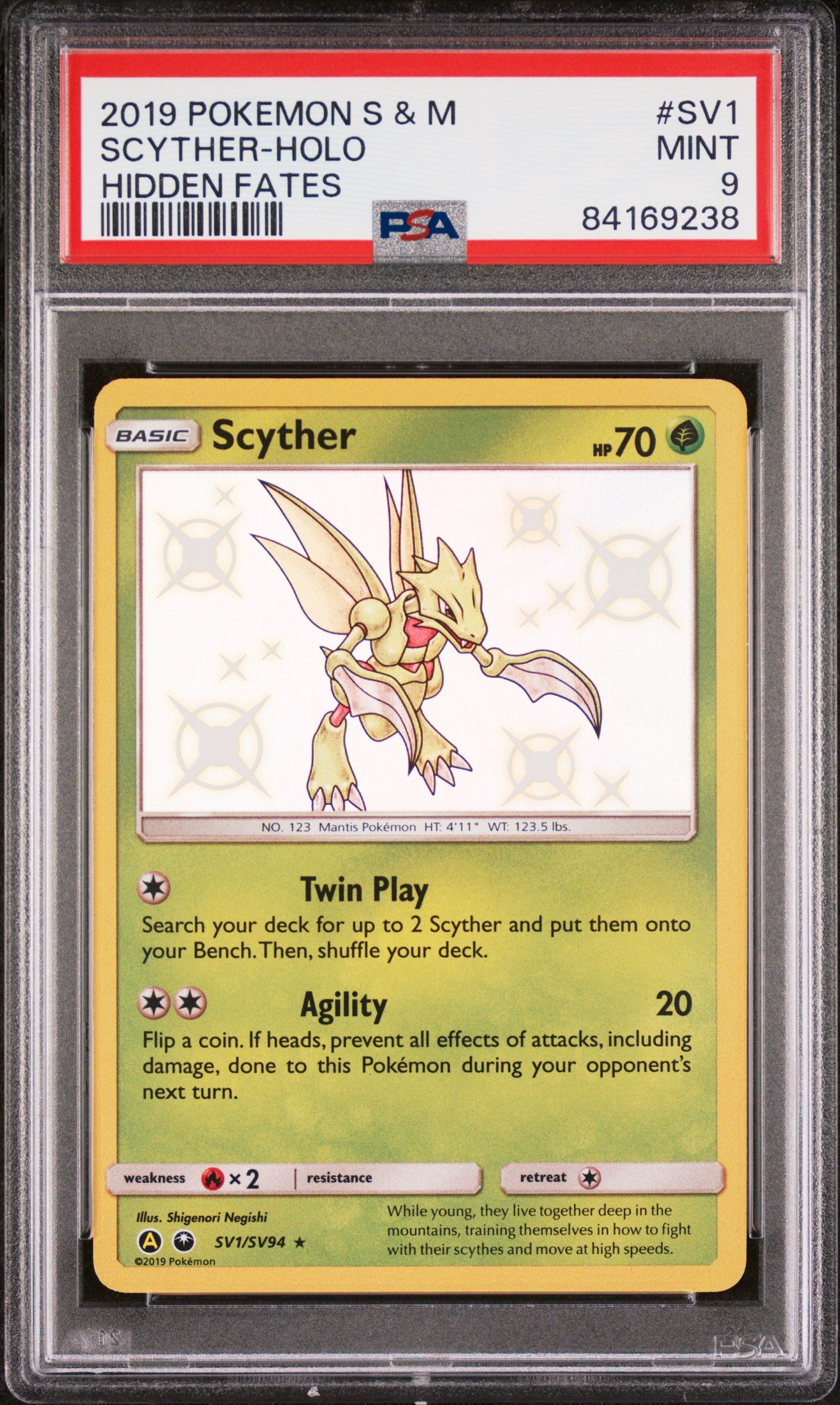 2019 Pokemon Sun & Moon Hidden Fates Scyther Holo #SV1 PSA 9 Graded Card - Rare Collectible for Trading Card Game (TCG) Players & Pokemon Fans - Perfect for Display, Gaming & Investment