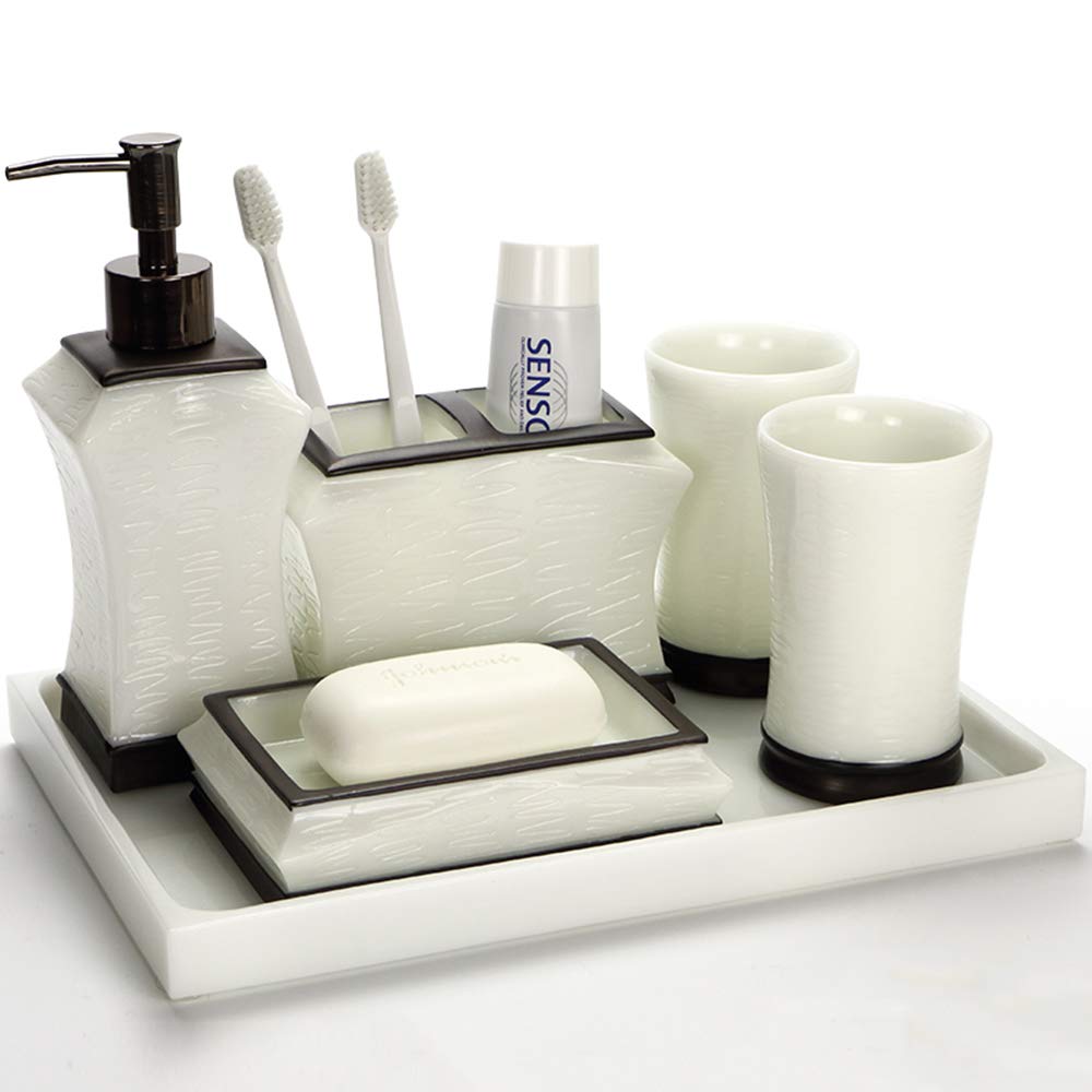 Modern Minimalist Soap Dispenser Set - Resin Pump Bottle, Toothbrush Holder, Soap Dish, Mug & Tray - White Bathroom Accessories for Home, Hotel & Spa Decor