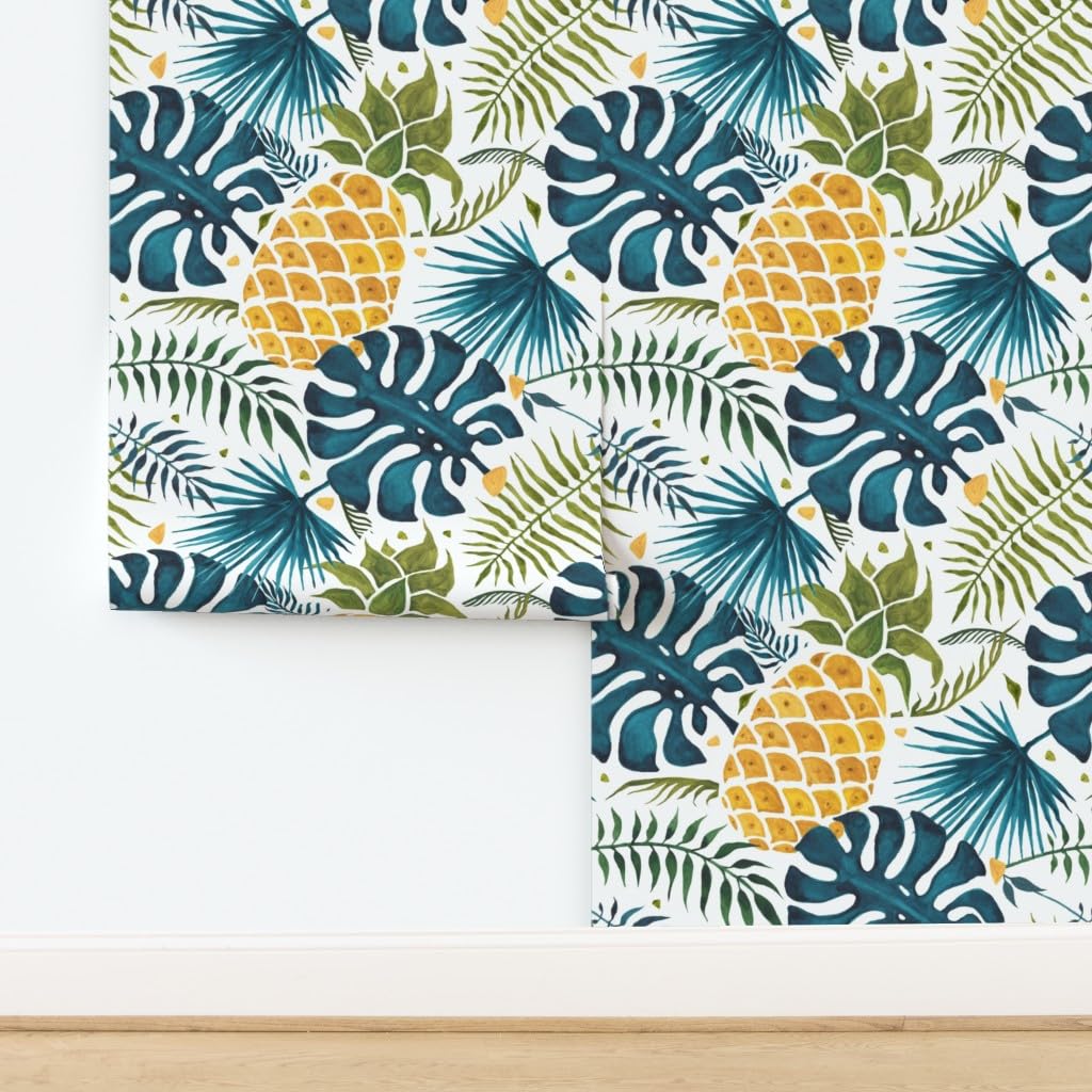 Removable Wallpaper Swatch - Tropical Pineapple Blue Yellow Leaves Design | Pre-Pasted Peel & Stick Wallpaper for Kitchen, Bathroom, Nursery | Spoonflower Custom Summer Fruit Decor