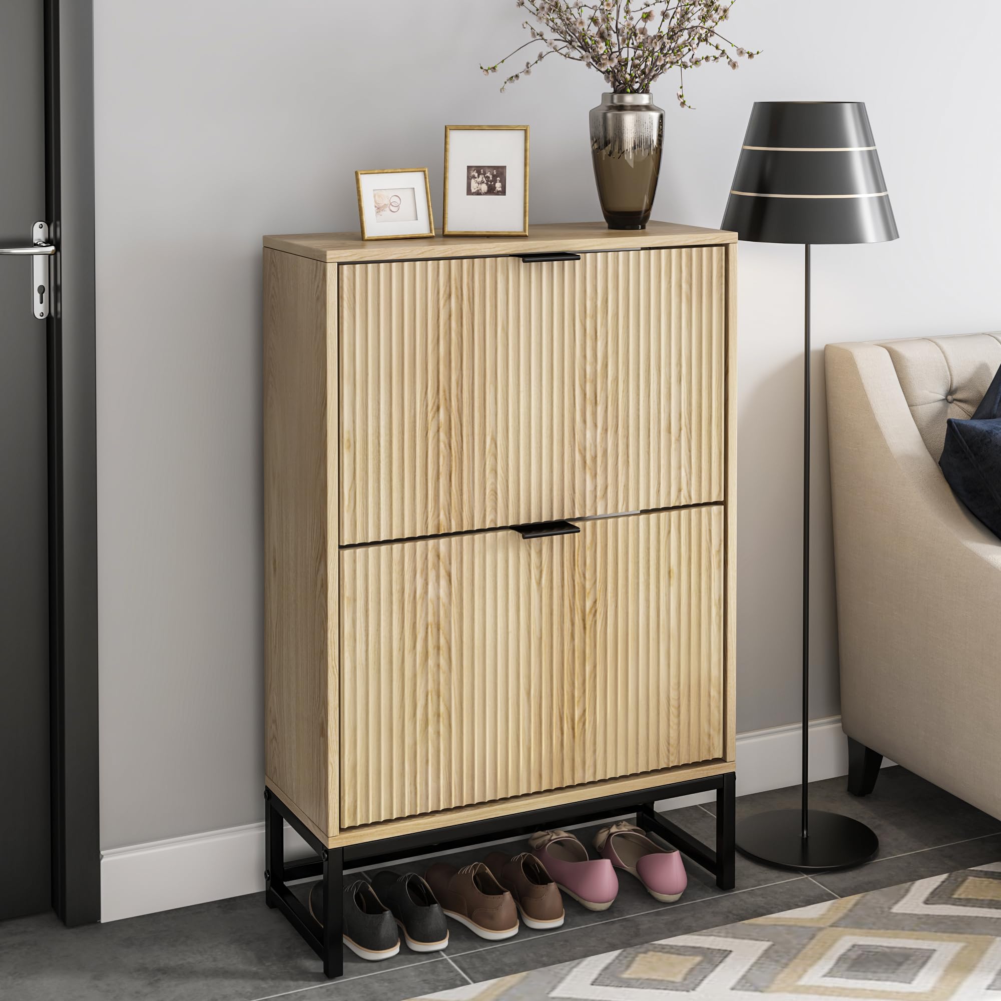 Modern Slim Wooden Shoe Cabinet with 2 Flip Drawers - Freestanding Narrow Shoe Storage Organizer for Entryway & Living Room | Fluted Design Home Decor for Small Spaces & Apartment Hallways